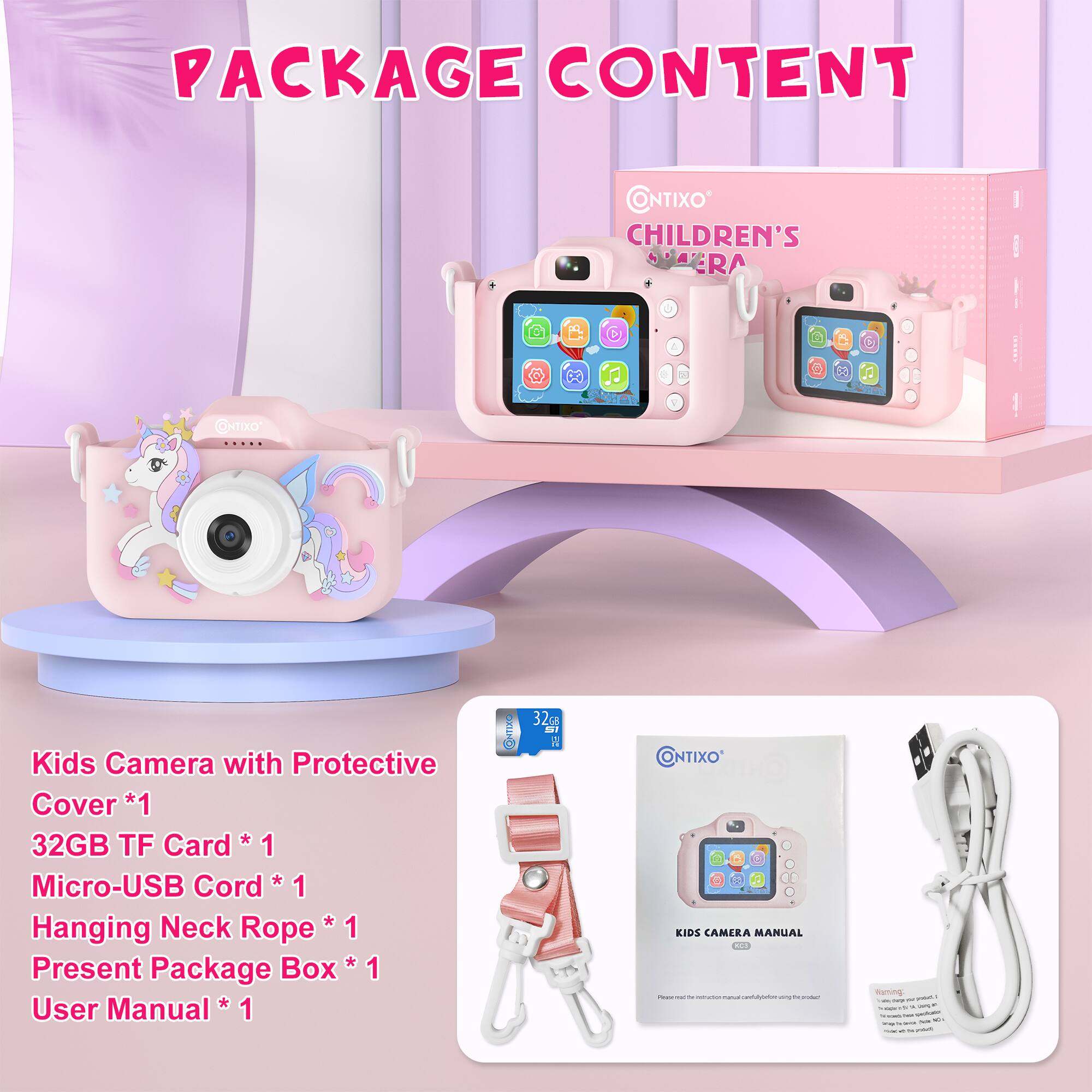 The image shows a pink children's camera with a protective cover, along with a 32GB TF card, a micro-USB cord, a hanging neck rope, and a present package box. The camera is designed for kids and comes with a user manual. The package also includes a 32GB memory card and a micro-USB cord for easy connectivity. The camera is a fun and educational toy for children, allowing them to learn about photography and technology while having fun taking pictures.
