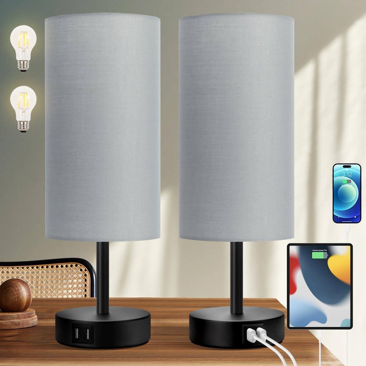 Reds Spade - Yarra Decor Bedside Lamps USB Port Touch Control Table Lamp Bedroom Wood Way Dimmable Nightstand Lamp - Gray