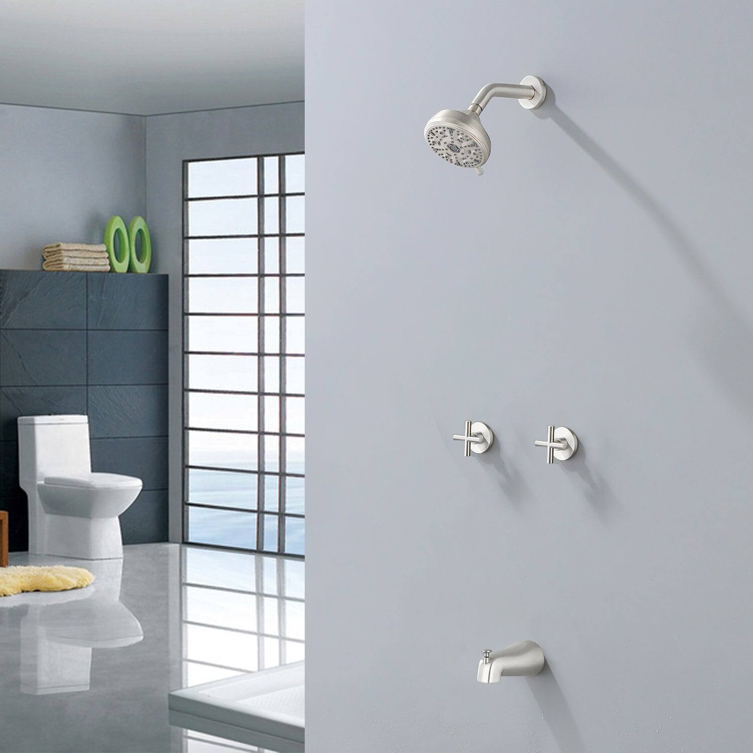 Alt View 4. Boyel Living - Brushed Nickel Shower Set with Dual Handles and 10 Function ABS Overhead Shower - Brushed Nickel.