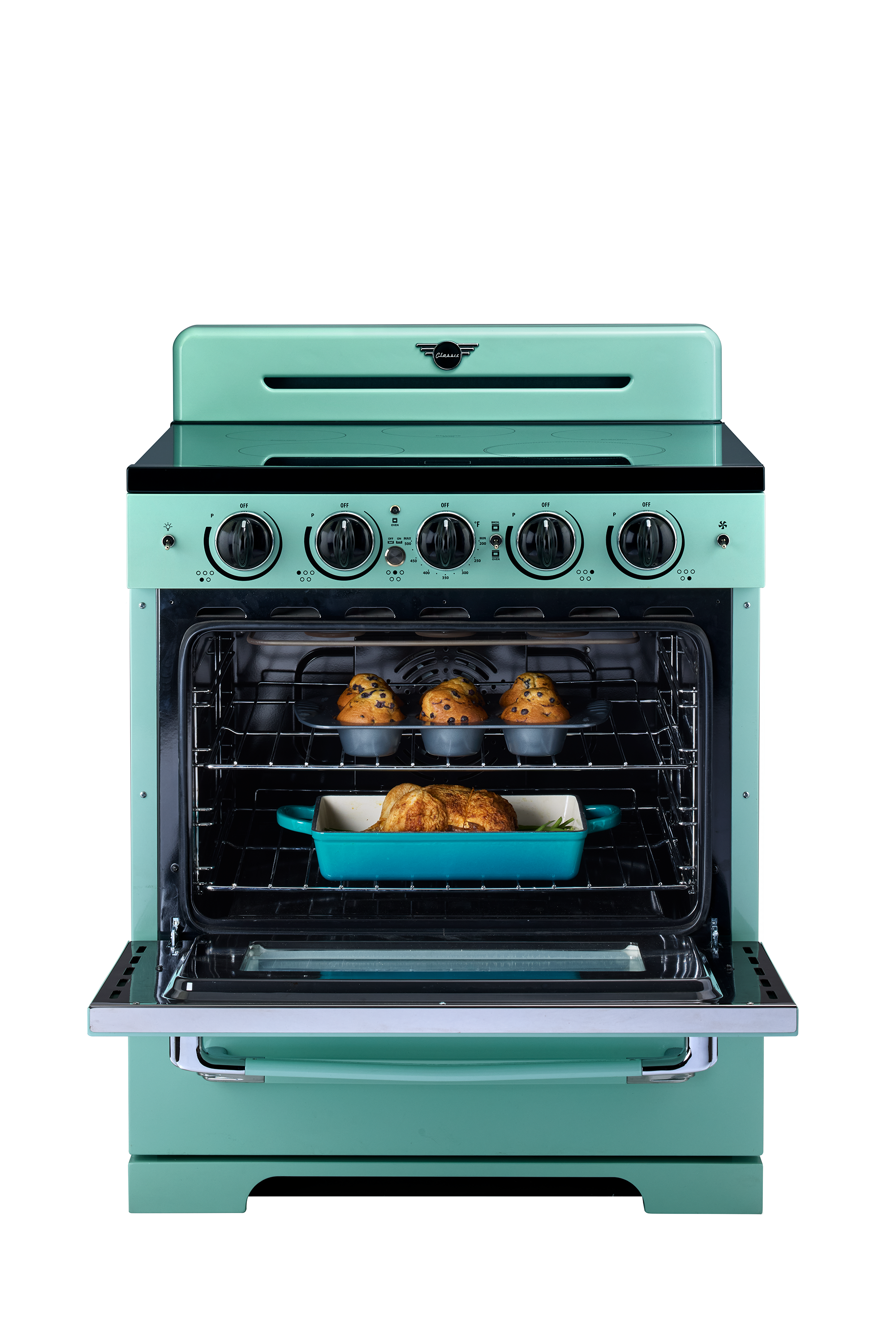 The image features a green oven with two trays of food inside. The oven has a blue tray, and the food appears to be chicken. The oven is open, revealing the delicious meal being cooked.