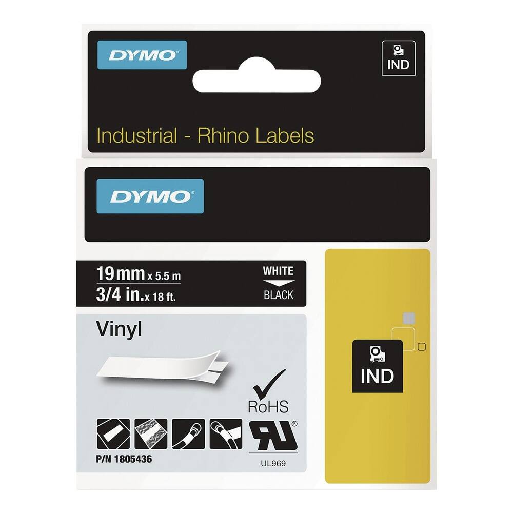 DYMO IND Industrial - Rhino Labels  
DYMO 19 mm x 5.5 m (3/4 in. x 18 ft.) WHITE BLACK Vinyl  
IND P/N 1805436  
RoHS LR UL969