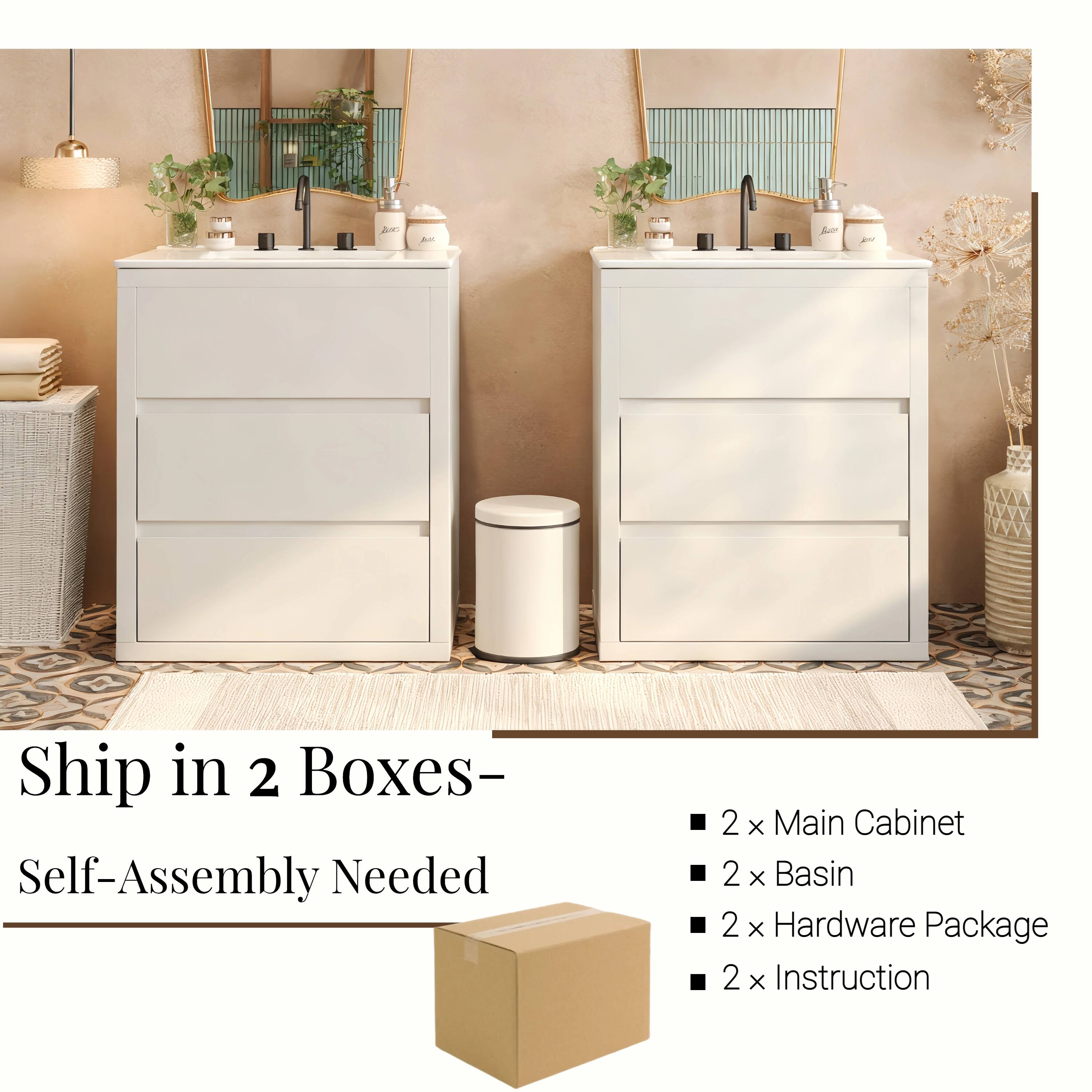Ship in 2 Boxes-  
Self-Assembly Needed

- 2 x Main Cabinet
- 2 x Basin
- 2 x Hardware Package
- 2 x Instruction
