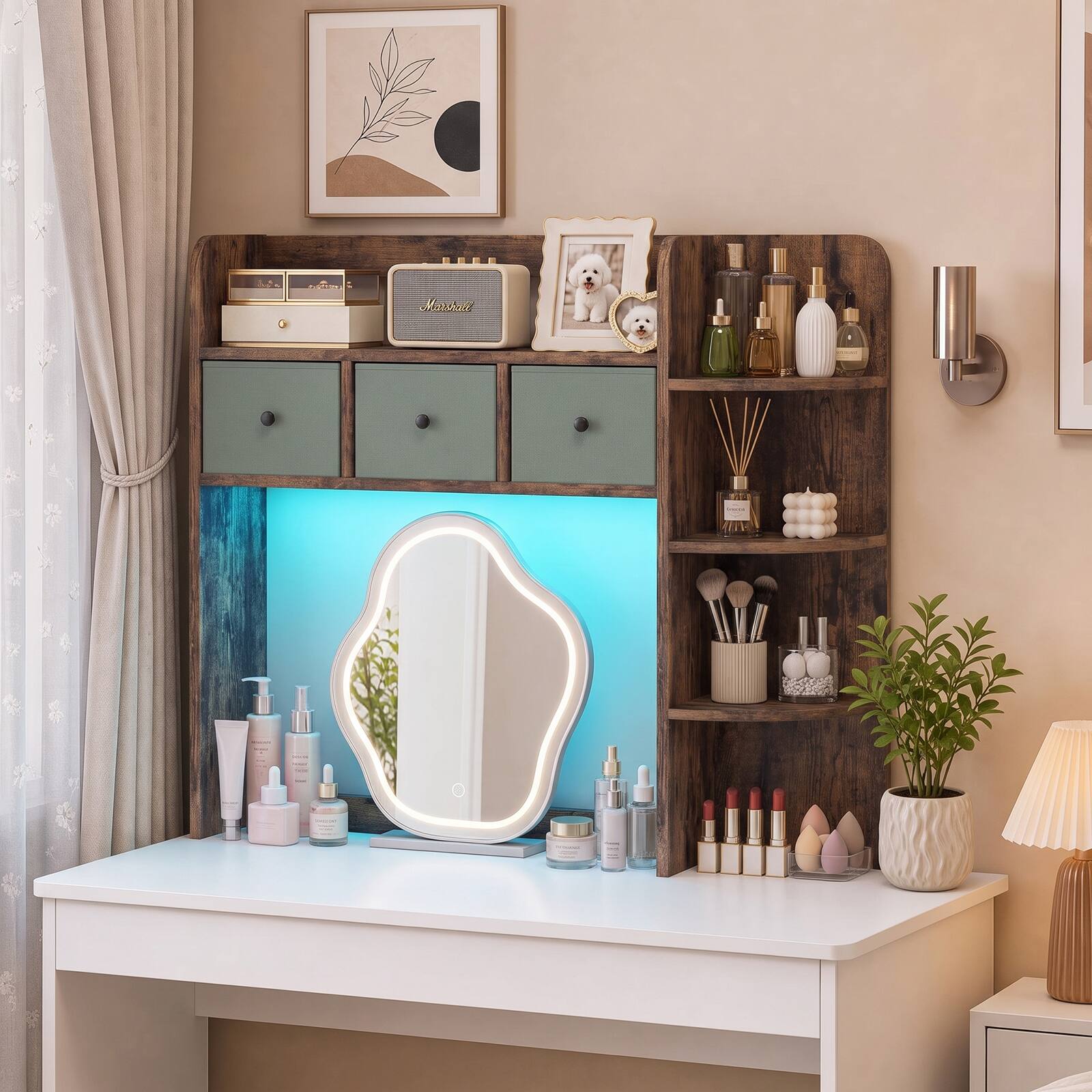 Alt View 3. Costway - Costway Desktop Bookshelf, Countertop Hutch Organizer with LED Lights, 5-Tier Shelves - Rustic Brown.