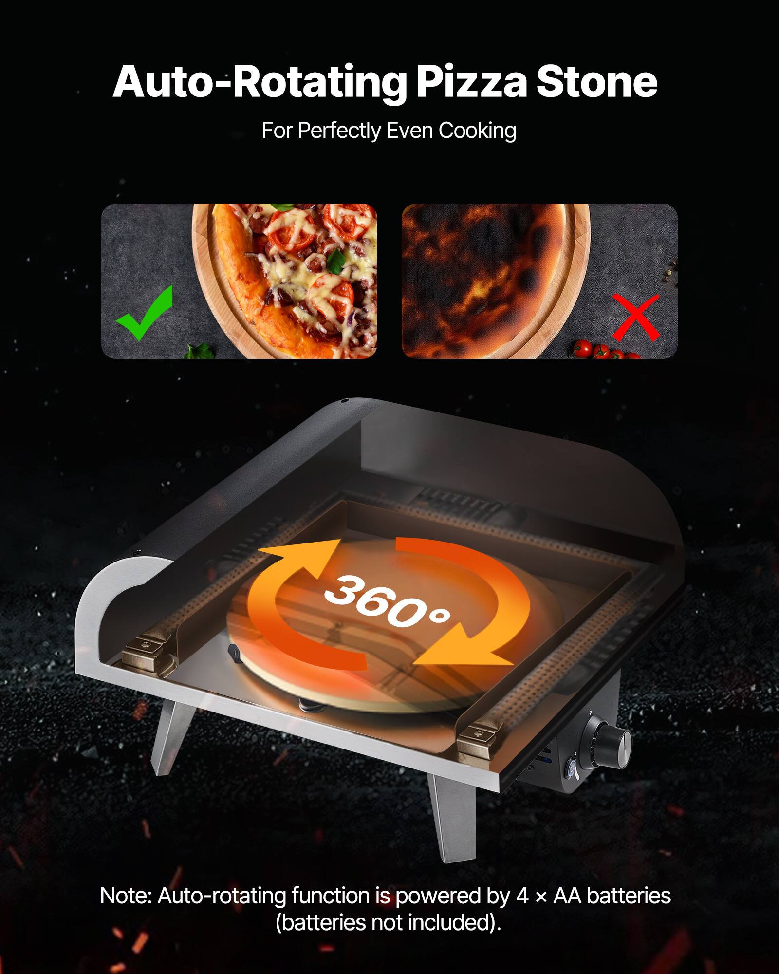 Auto-Rotating Pizza Stone For Perfectly Even Cooking

Note: Auto-rotating function is powered by 4 x AA batteries (batteries not included).