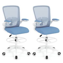 Gymax - 2PCS Home Office Drafting Chair w/Flip-Up Armrests Adjustable Footrest Ring - Blue