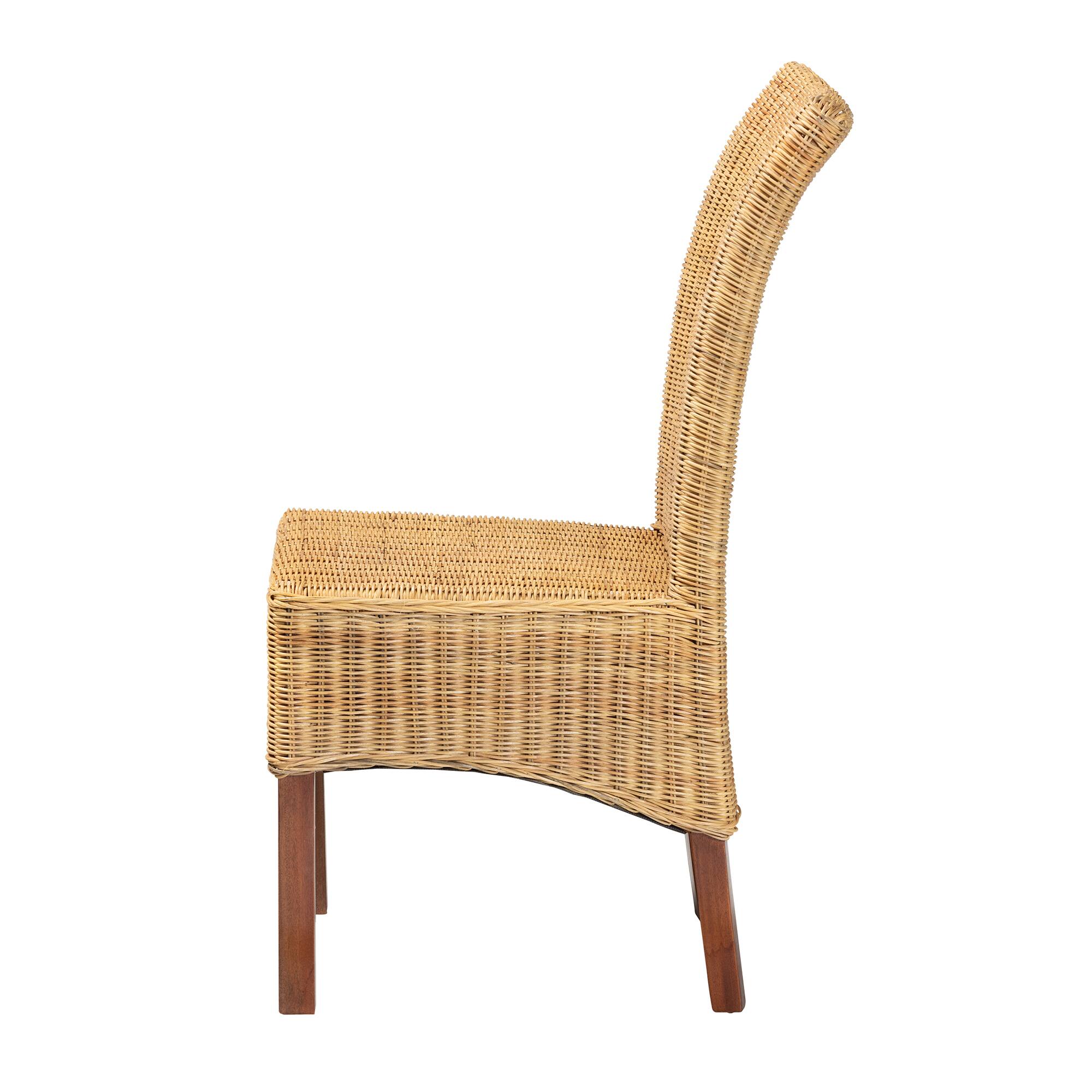 Left. bali & pari - Shamara Modern Bohemian Natural Rattan and Mahogany Wood Dining Chair - Natural Brown/Walnut Brown.