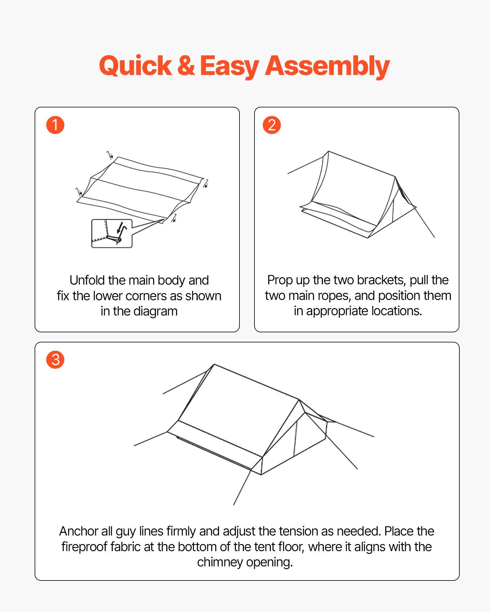 Quick & Easy Assembly

1. Unfold the main body and fix the lower corners as shown in the diagram.

2. Prop up the two brackets, pull the two main ropes, and position them in appropriate locations.

3. Anchor all guy lines firmly and adjust the tension as needed. Place the fireproof fabric at the bottom of the tent floor, where it aligns with the chimney opening.