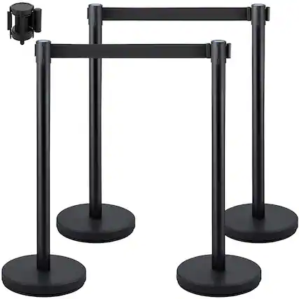 Front. VEVOR - Crowd Control Stanchion, Set of 4 Pieces Stanchion Set, Stanchion Set with 6.6 ft/2 m Black Retractable Belt - Black.