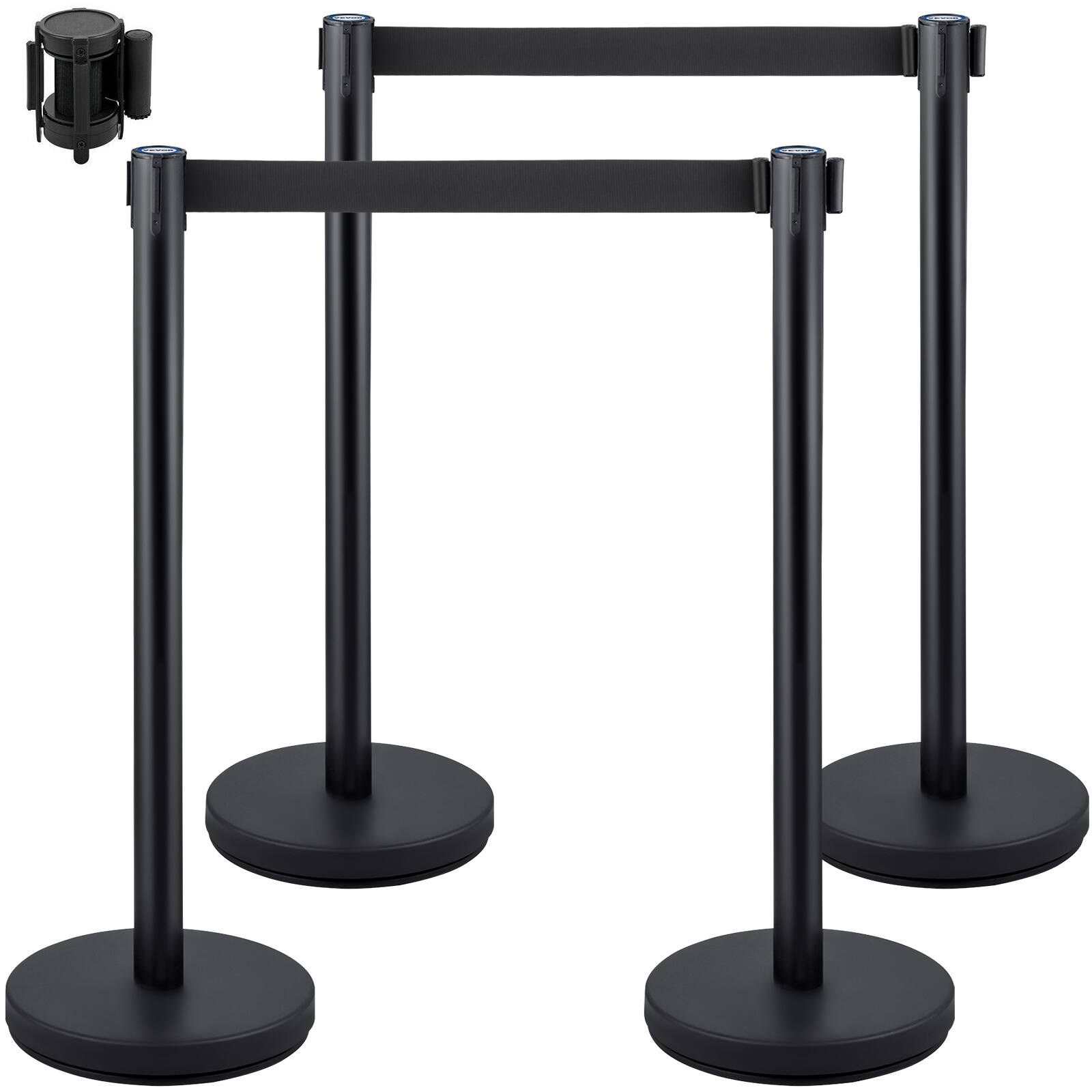 Front. VEVOR - Crowd Control Stanchion, Set of 4 Pieces Stanchion Set, Stanchion Set with 6.6 ft/2 m Black Retractable Belt - Black.