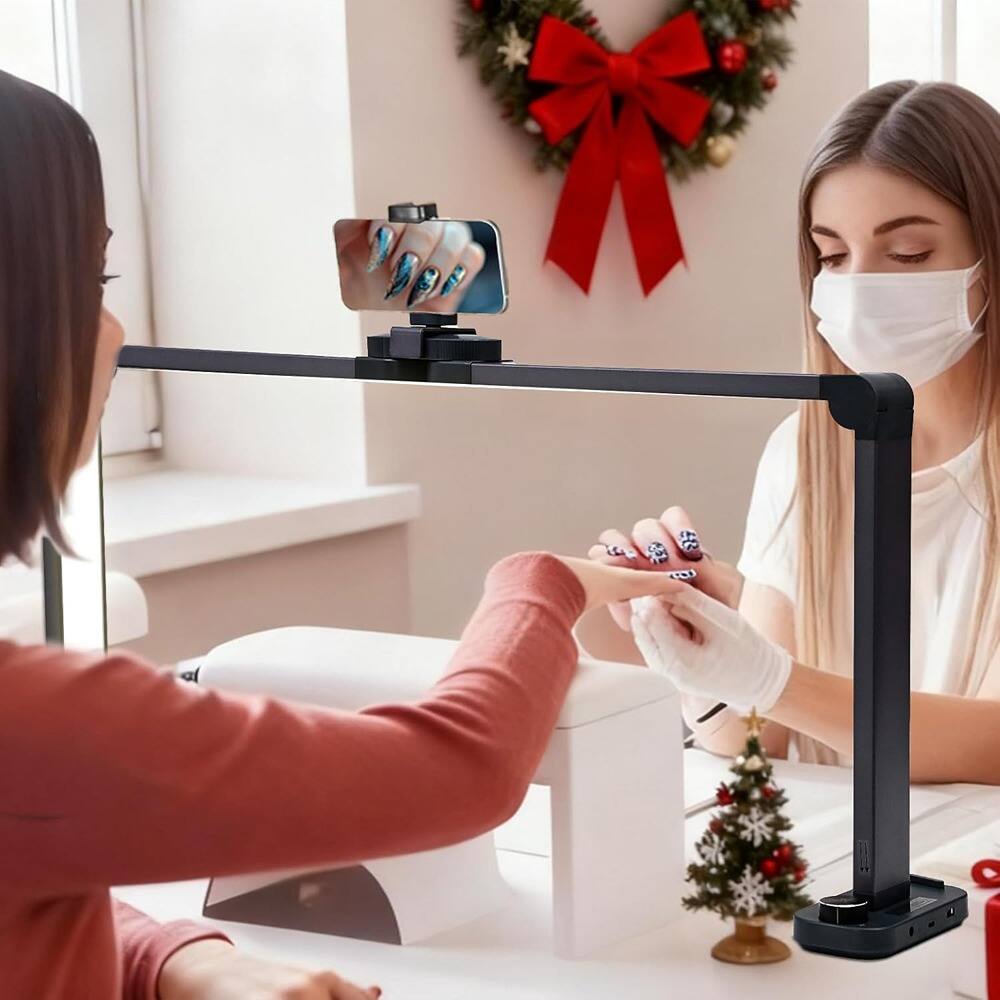 Back. MOSZAR LLC - 33.5" Foldable Half Moon Nail Desk Lamp, Phone Holder, Black, Manicure Light.