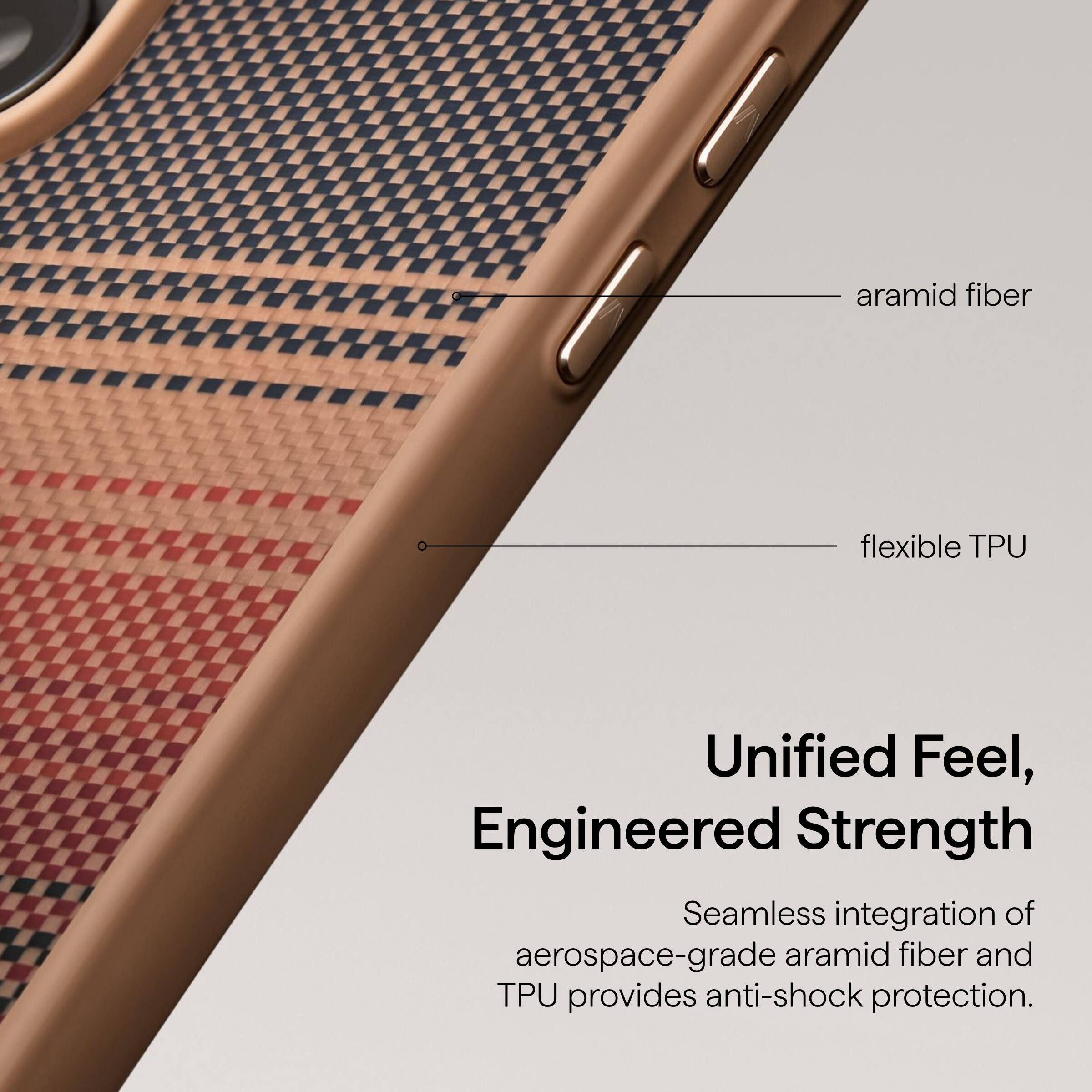 Pyramid fiber flexible TPU  
Unified Feel, Engineered Strength  
Seamless integration of aerospace-grade aramid fiber and TPU provides anti-shock protection.