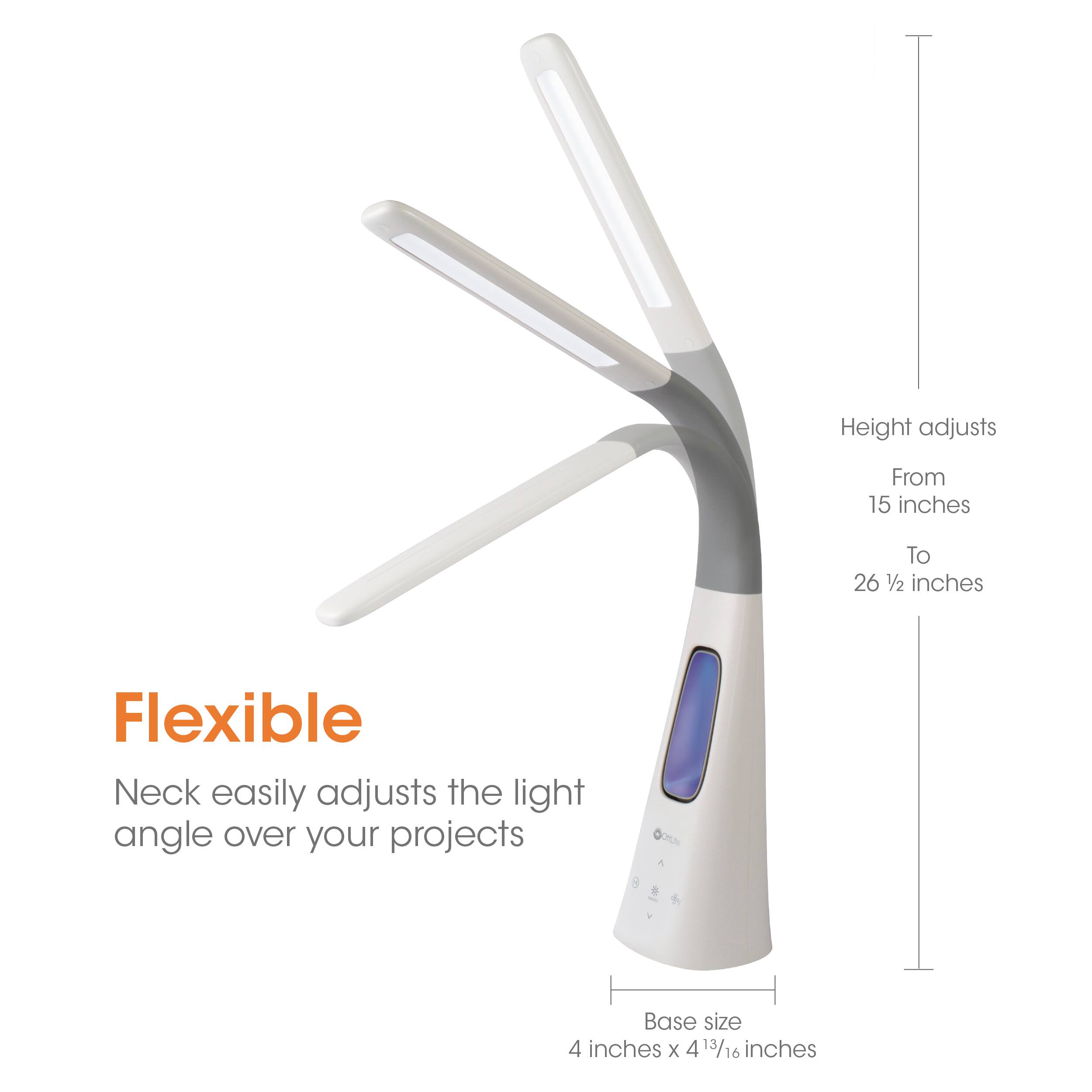 The text on the image states that the flexible neck easily adjusts the light angle over your projects, and the height adjusts from 15 inches to 26 1/2 inches. The base size is 4 inches x 4 13/16 inches, and the light is 6 inches.