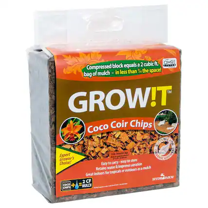 - Compressed block equals a 2 cubic ft. bag of mulch - in less than 1/4 the space!
- GROW!T Coco Coir Chips
- Expert Grower's Choice!
- Easy to carry - easy to store
- Retains water & improves aeration
- Great indoors for tropicals or outdoors as a mulch
- 9 lbs 14 oz / 4.5 kgs
- 2 CF Coco + = MULCH
- HYDROFARM
- OMRI Listed
- Suitable for Organic Growers