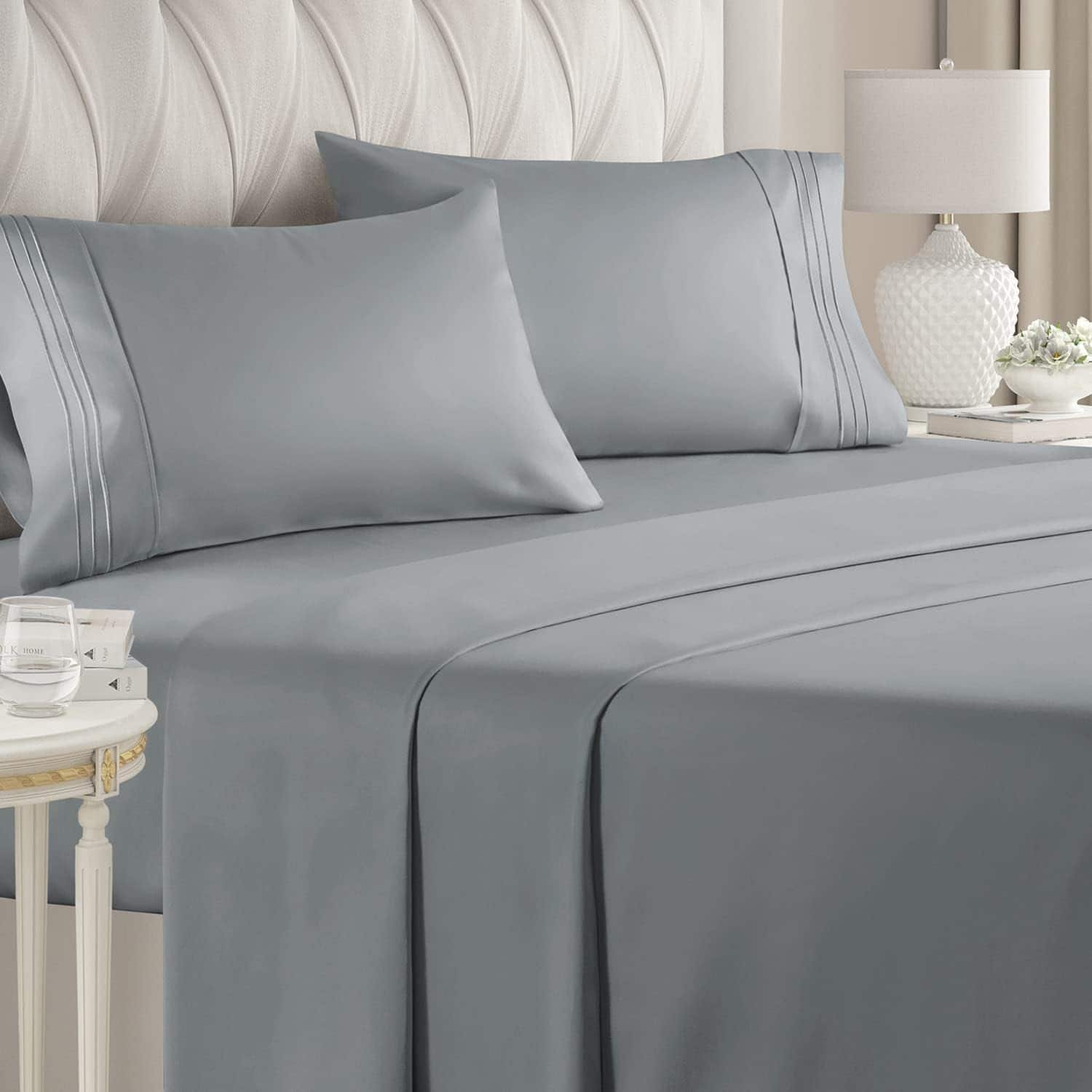 Front. CGK Linens - Luxury Soft 4 Piece Solid Bed Sheet Set - Deep Pocket Fits 8"-16" Mattresses - Queen - Steel Blue.