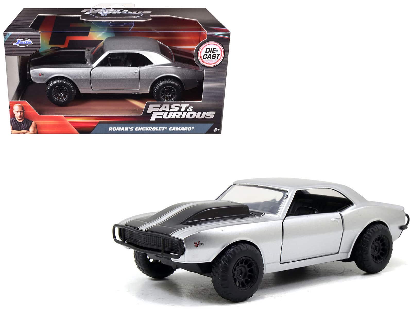 Roman's Chevrolet Camaro Z/28 Stripes "Fast & Furious 7" (2015) Movie 1/32 Diecast Model Car by Jada - Silver with Black