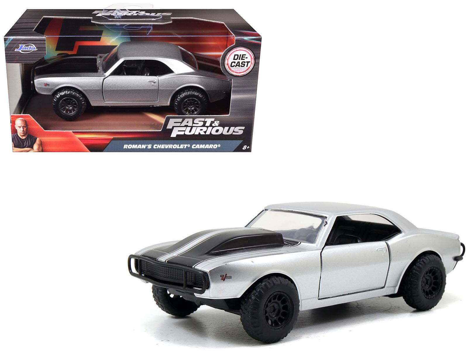 Sure, here is the corrected and grouped text from the image:

---

**Jada**

**FAST & FURIOUS**

**ROMAN'S CHEVROLET CAMARO**

**DIE-CAST**

**8+**

---

**FAST & FURIOUS**

**CHEVROLET CAMARO**

**8+**

---

**ROMAN'S CHEVROLET CAMARO**