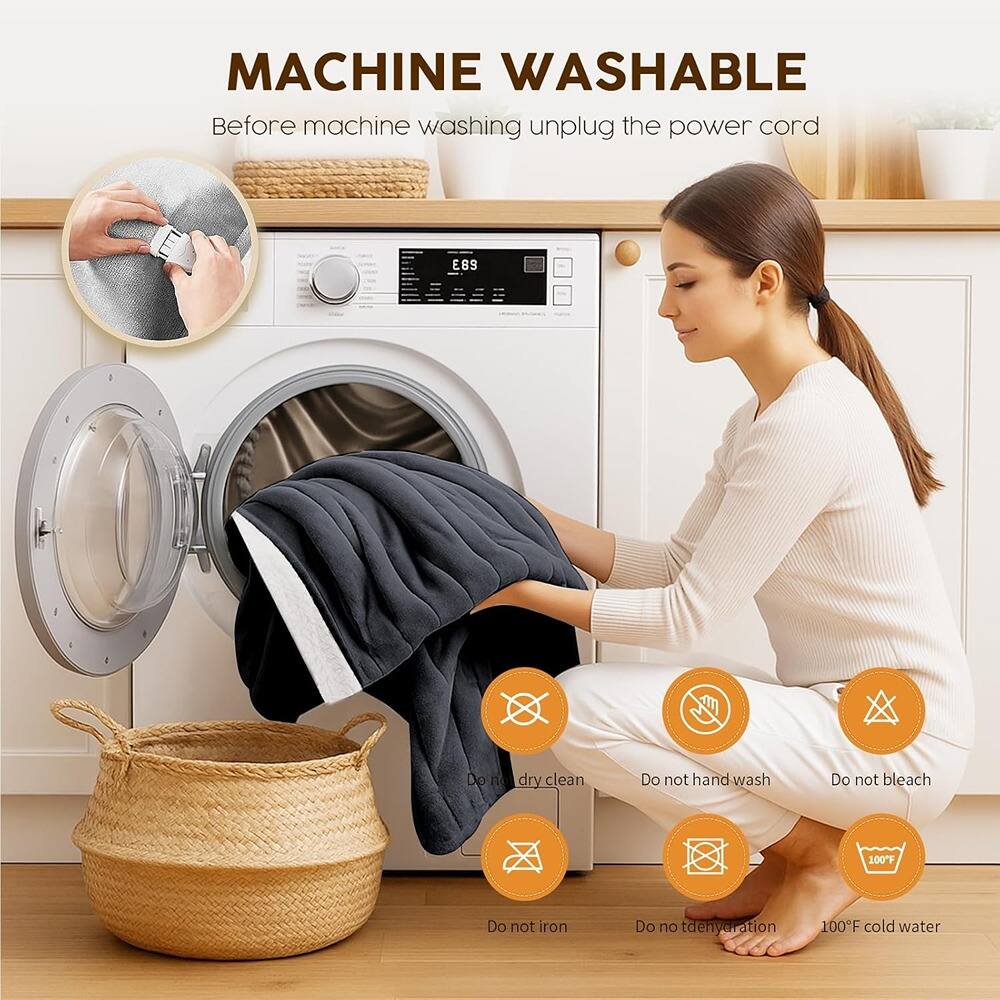 MACHINE WASHABLE  
Before machine washing unplug the power cord  

- Do not dry clean  
- Do not hand wash  
- Do not bleach  
- Do not iron  
- Do not tumble dry  
- 100°F cold water