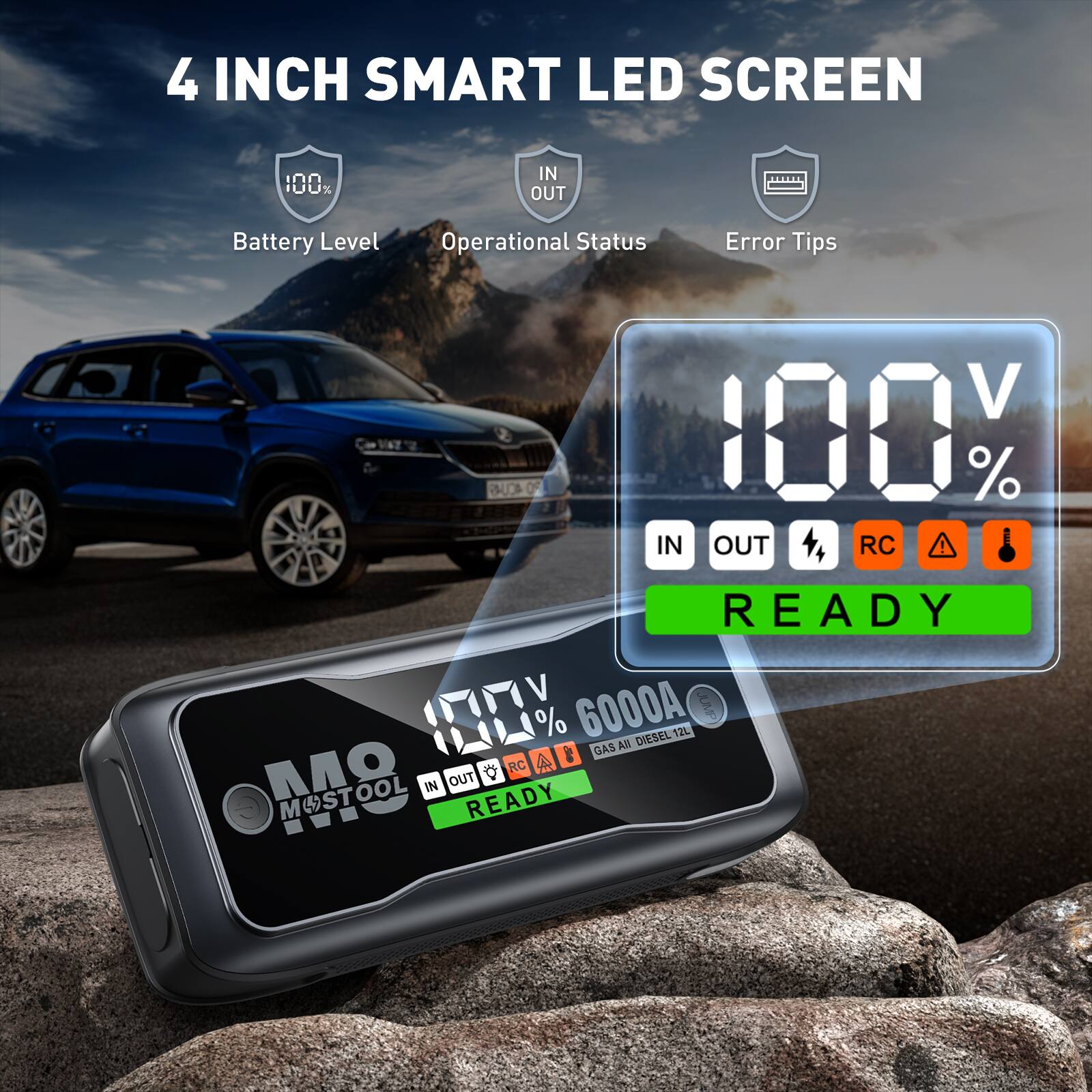 4 INCH SMART LED SCREEN

Battery Level
Operational Status
Error Tips

100% V

IN OUT RC READY

6000A

GAS ALL DIESEL 12L