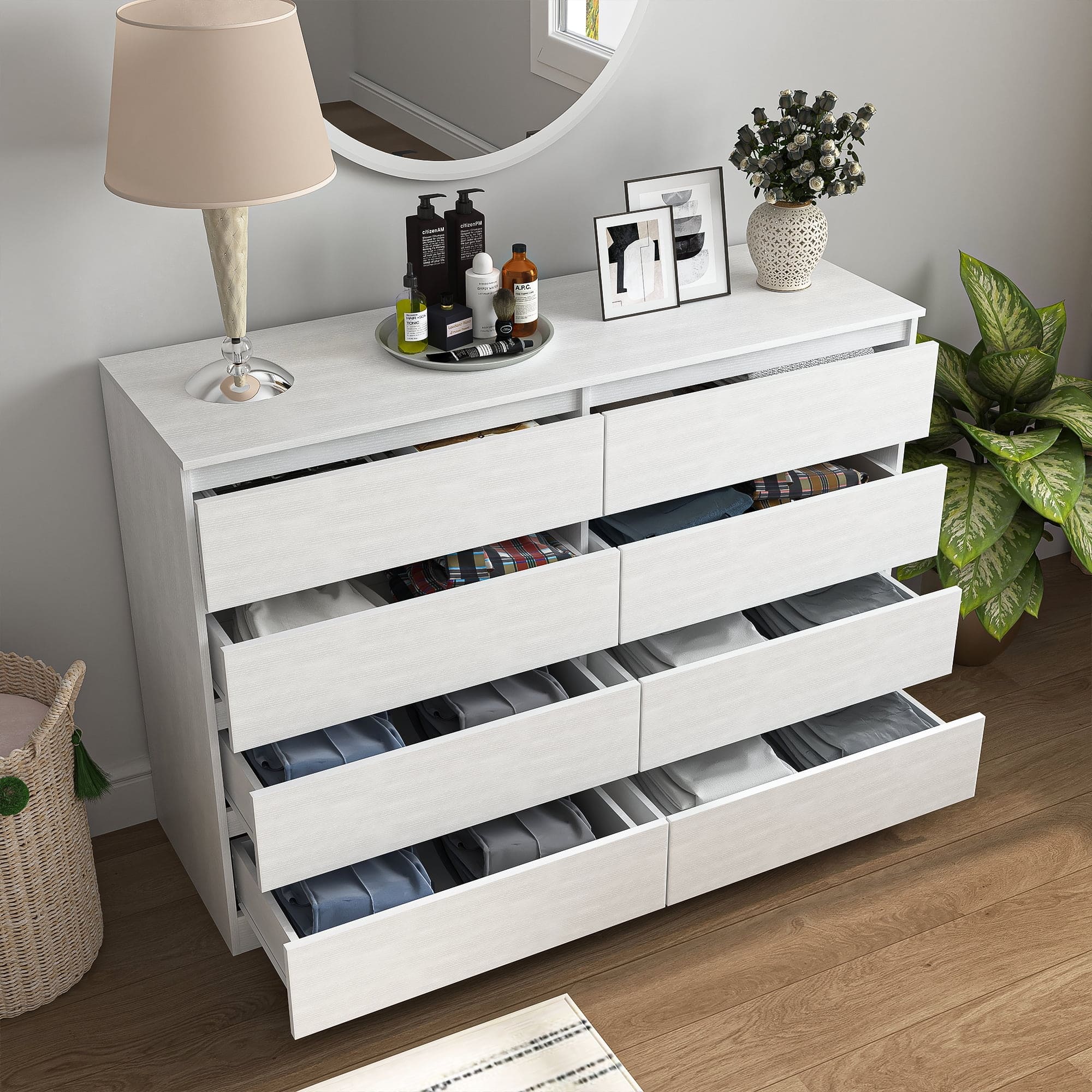 Alt View 6. Kadyn - Kadyn 8 Drawer Wide Dressers for Bedroom, Modern Chest of Drawer Organizer, White - White.
