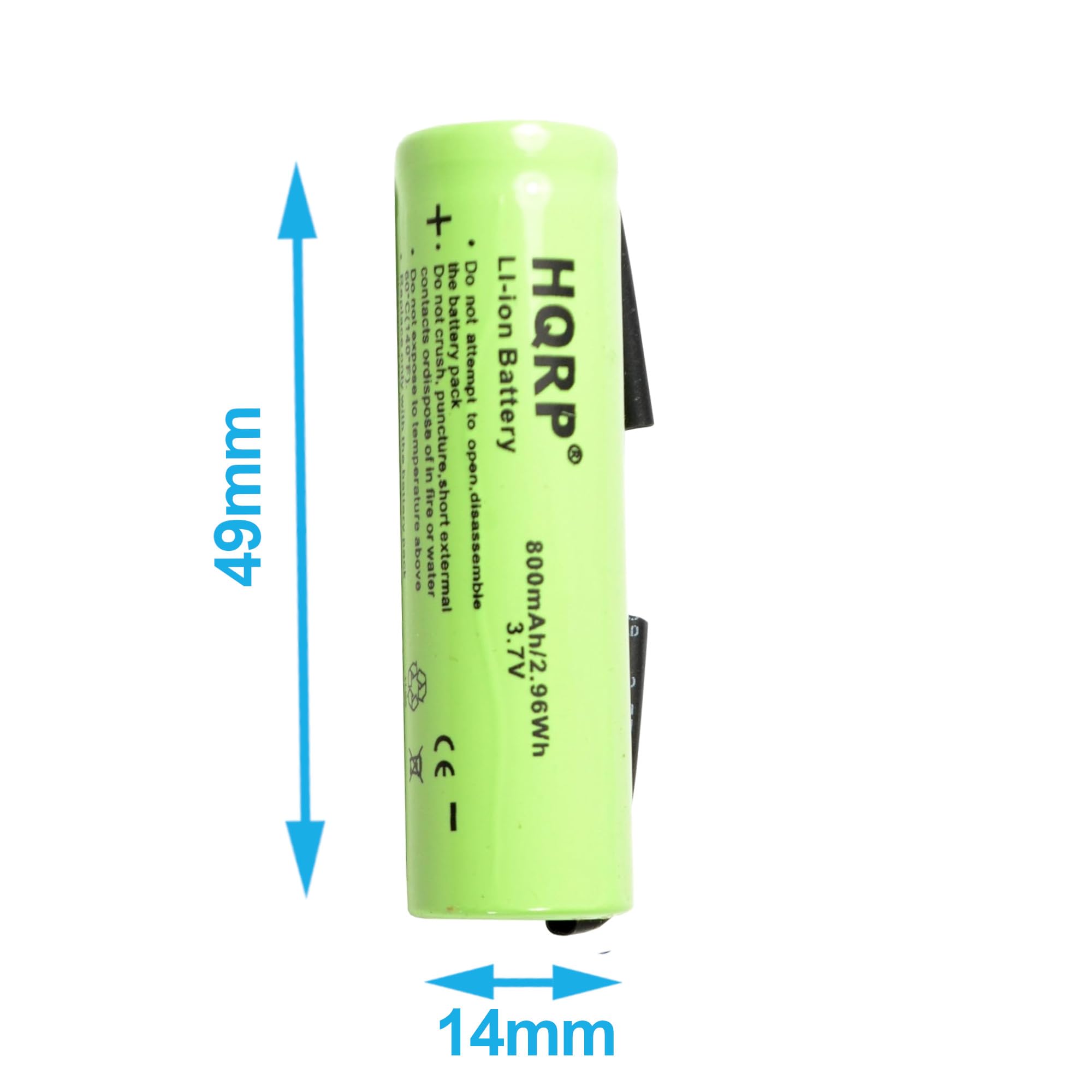 49mm + De De the Do beaat contacts not battery not LI-ion BeudES crush attempt HQRP 5 ordisposa pack Battery to temperature ot 5 puncture. fire short open.disassemble or above water extermal 3 3.7V 800mAh/2.96Wh I D 14mm

Corrected text:

49mm + Do not attempt to crush, puncture, open, disassemble, or expose to water. 3.7V 800mAh/2.96Wh 14mm