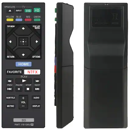 OPEN/CLOSE
TV
INPUT 1/O
YELLOW
BLUE
RED
GREEN
TOP MENU
POP UP/MENU
RETURN
OPTIONS
HOME
FAVORITE
NTFX
PLAY
PREV
PAUSE
STOP
NEXT
SUBTITLE
MUTING
VOL +
VOL -
AUDIO
DISPLAY
BD
RMT-VB100U
MADE IN CHINA