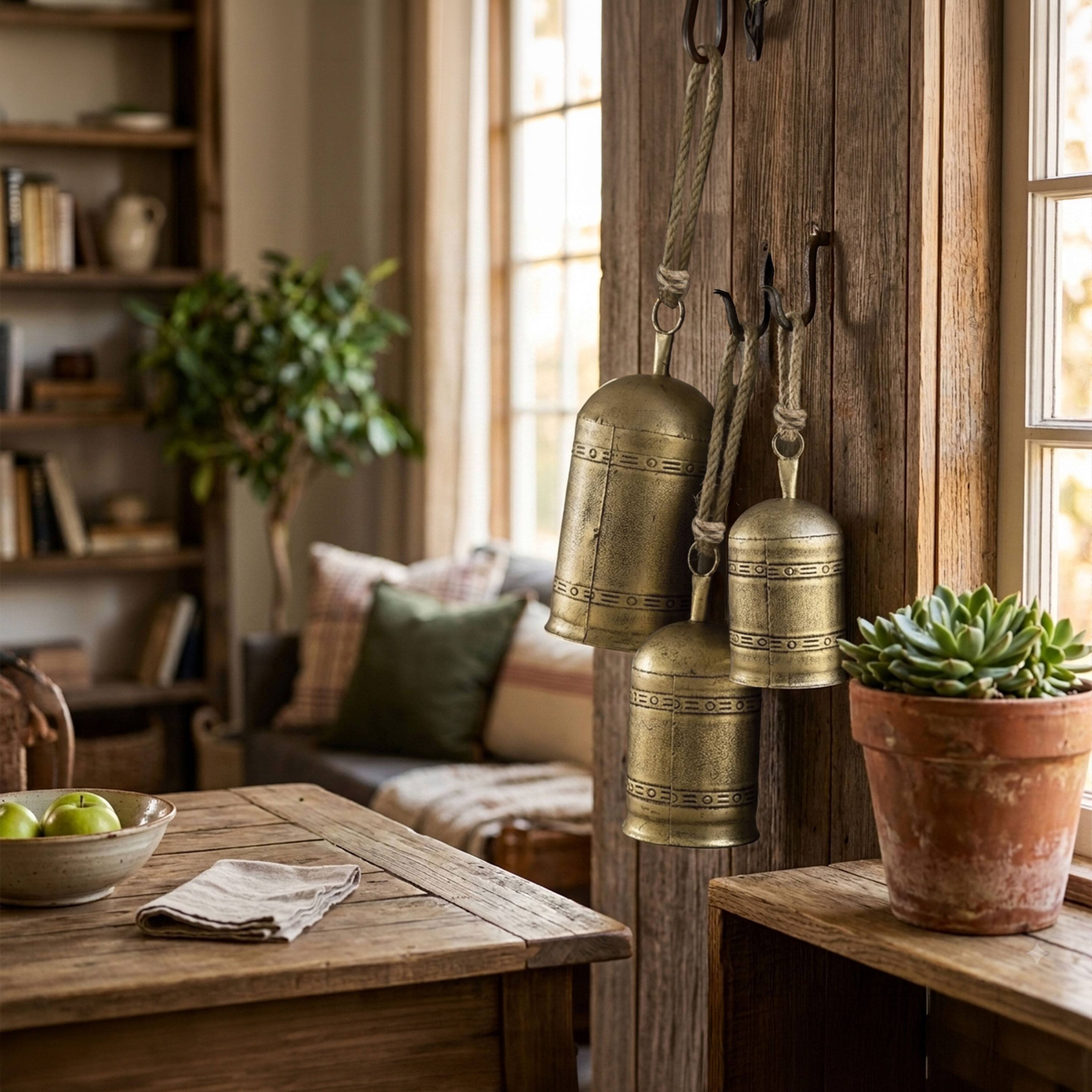 Alt View 10. Manhattan Lane - 3 Piece Cowbell Set, Etched Antique Iron with Jute Rope, Organic Decor - Antique Gold, Natural Brown.