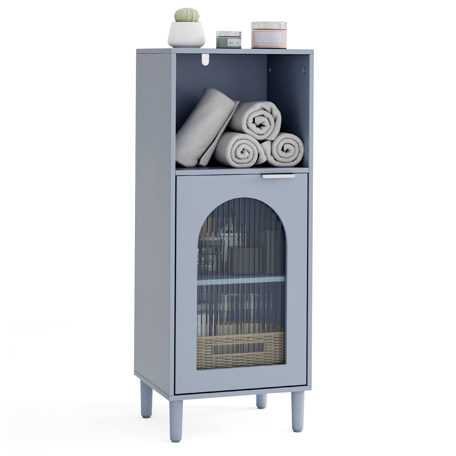 Alt View 9. Costway - Costway Bathroom Floor Cabinet with Adjustable Shelf, Single Tempered Glass Door, Wood Legs - Gray.