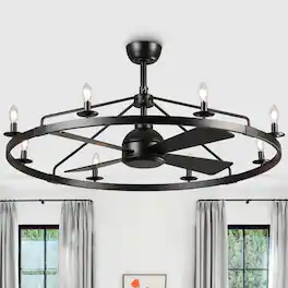 Vaczon - 43" Industrial Caged Wagon Wheel Rustic Chandelier Ceiling Fan with Remote - Matte Black