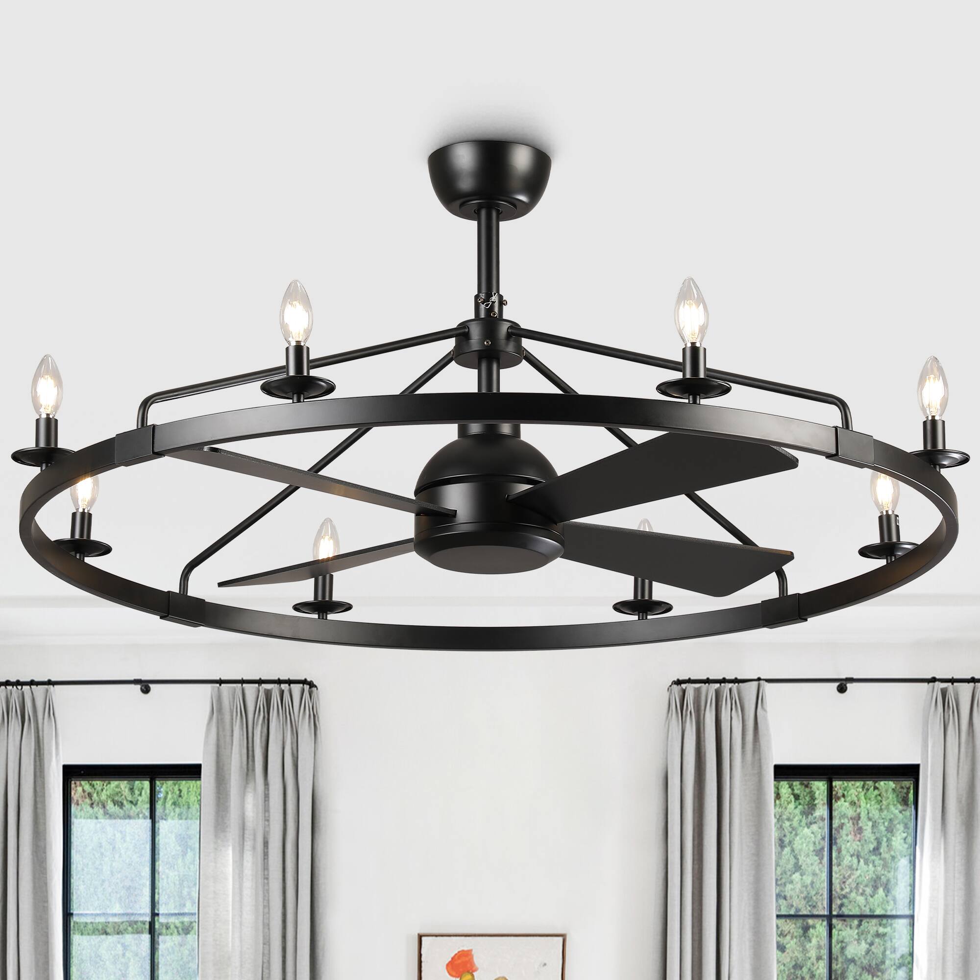 Front. Vaczon - 43" Industrial Matte Black Caged Wagon Wheel Rustic Chandelier Ceiling Fan with Remote - Matte Black.