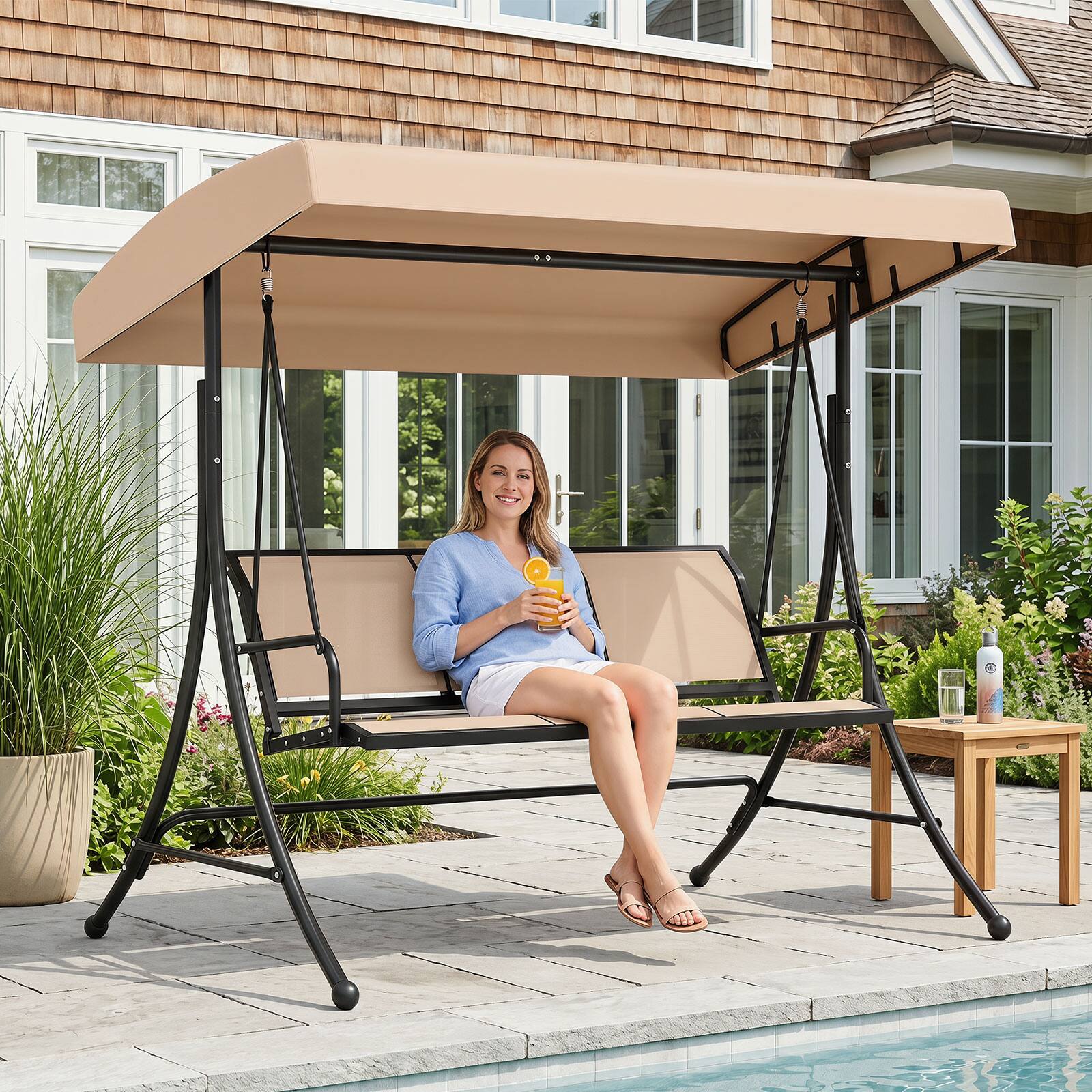 Alt View 1. Costway - Costway 3-Seat Patio Swing Chair, Outdoor Swing with Adjustable Canopy, Heavy-Duty Stand - Beige + Black.