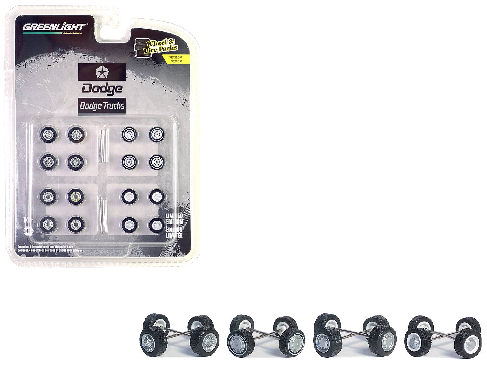 First Generation (1981-93) Dodge Trucks Wheels & Tires Multipack 24pcs "Wheel & Tire Packs" Series 8 1/64 Greenlight - Black