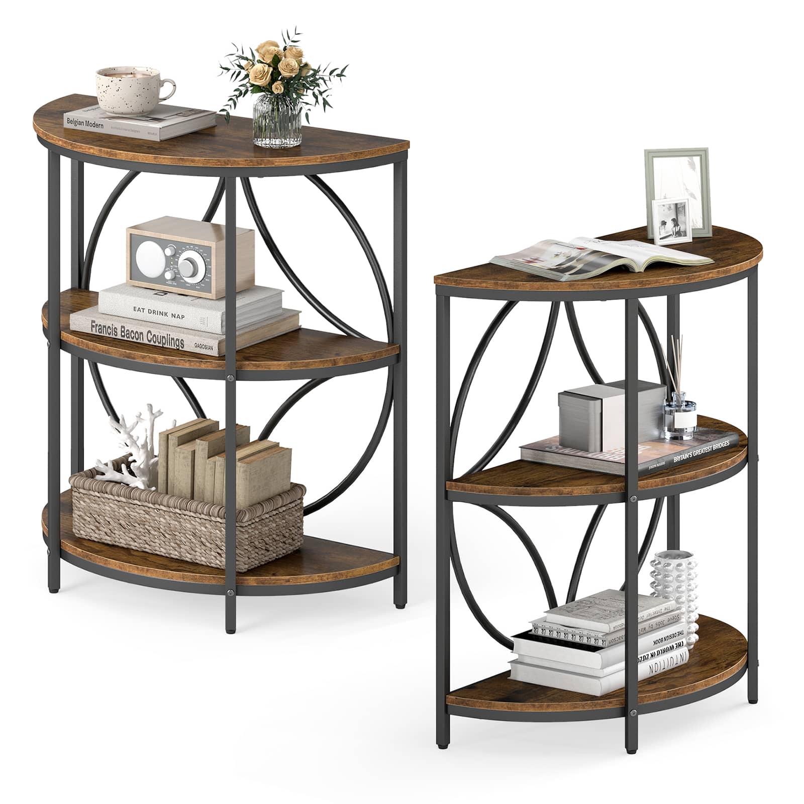 Gymax - 3-Tier Half Round End Table Set of 2 w/Study Metal Frame Storage Shelves Rustic - Brown