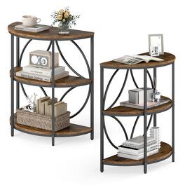 Gymax - 3-Tier Half Round End Table Set of 2 w/Study Metal Frame Storage Shelves Rustic - Brown
