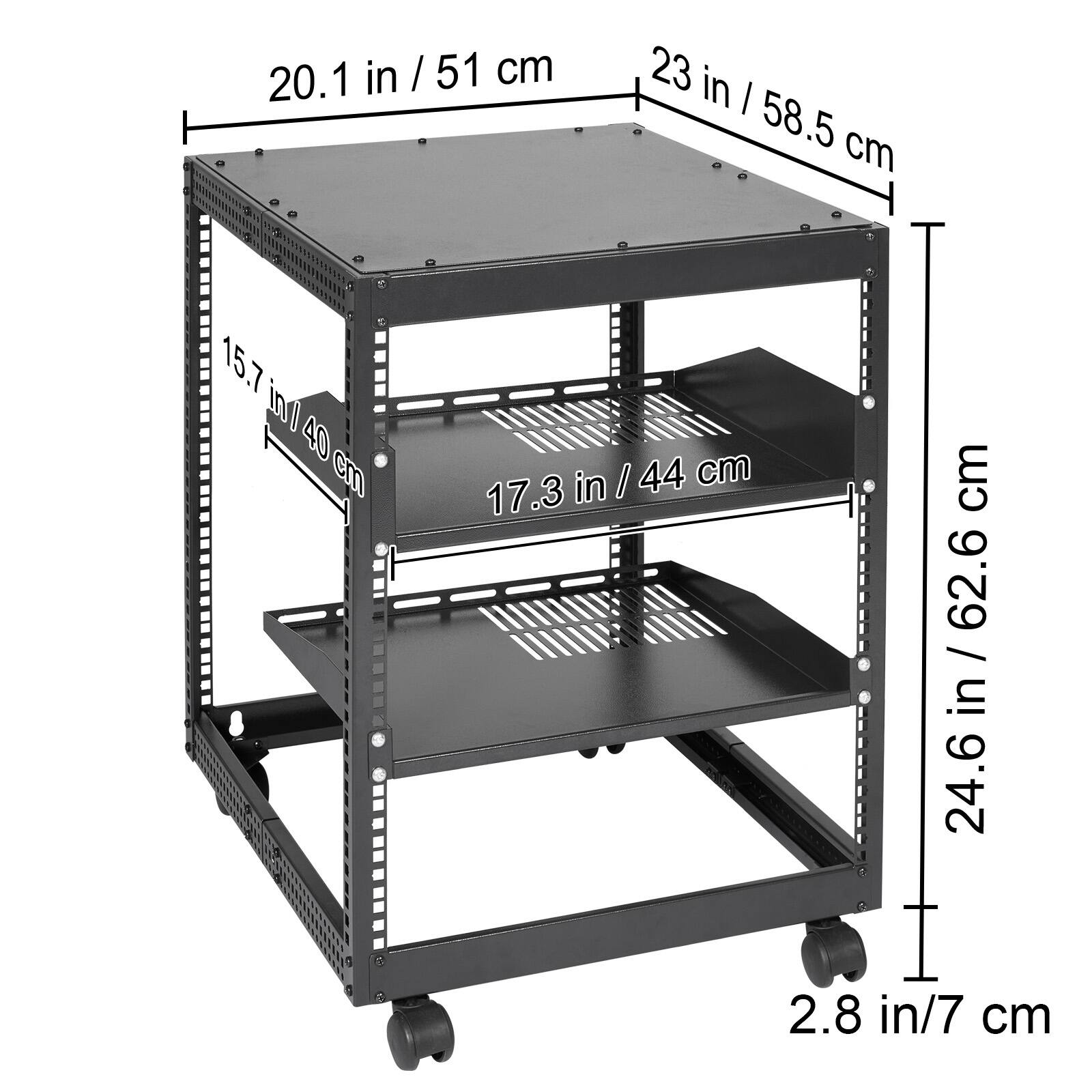 20.1 in / 51 cm  
23 in / 58.5 cm  
15.7 in / 40 cm  
17.3 in / 44 cm  
24.6 in / 62.6 cm  
2.8 in / 7 cm