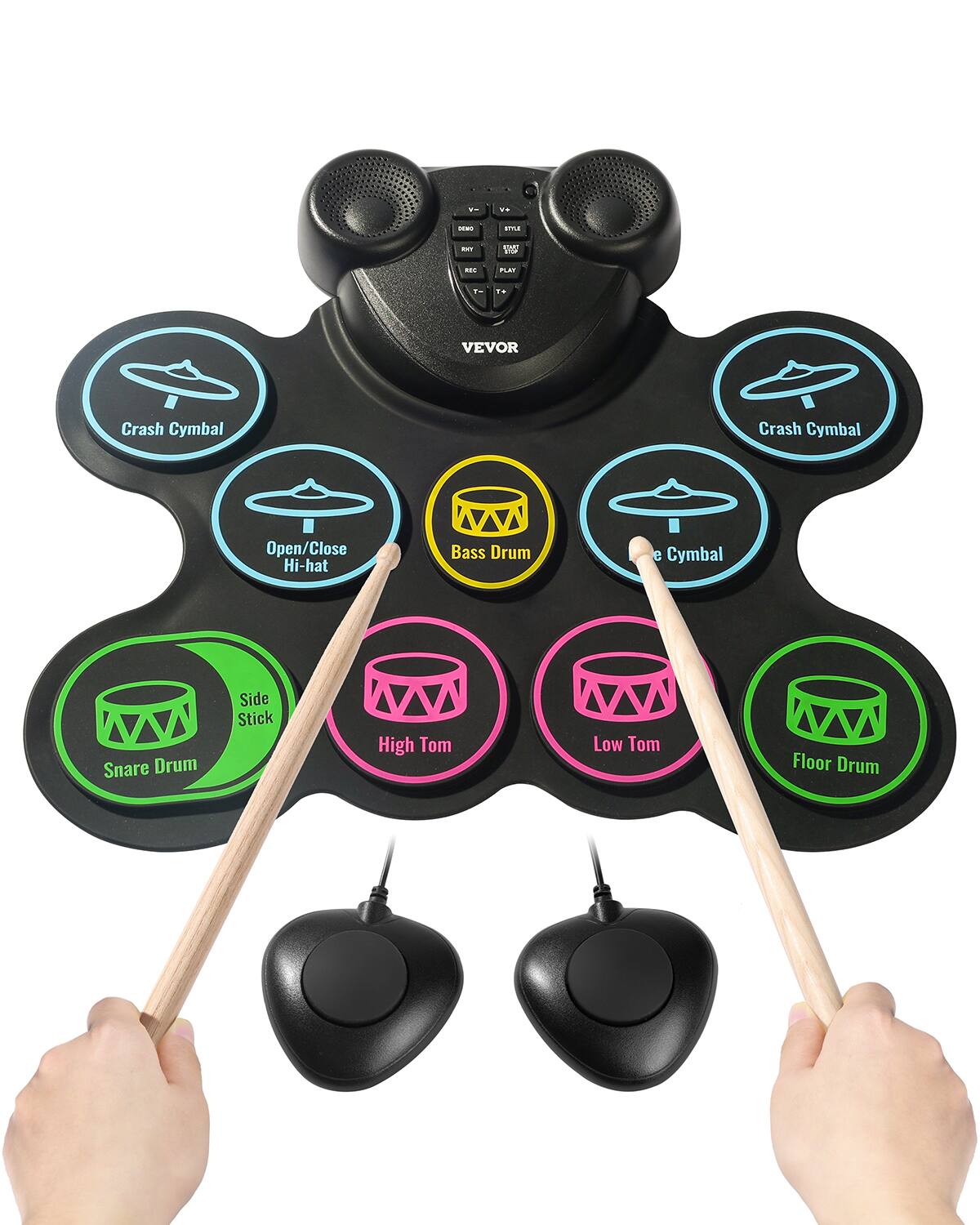 VEVOR - Electric Drum Set, 9 Pads, Roll-up Drum Practice Pad, Electronic Drumset with Headphone Jack, Double Pedals, Drum Sticks - Multicolored