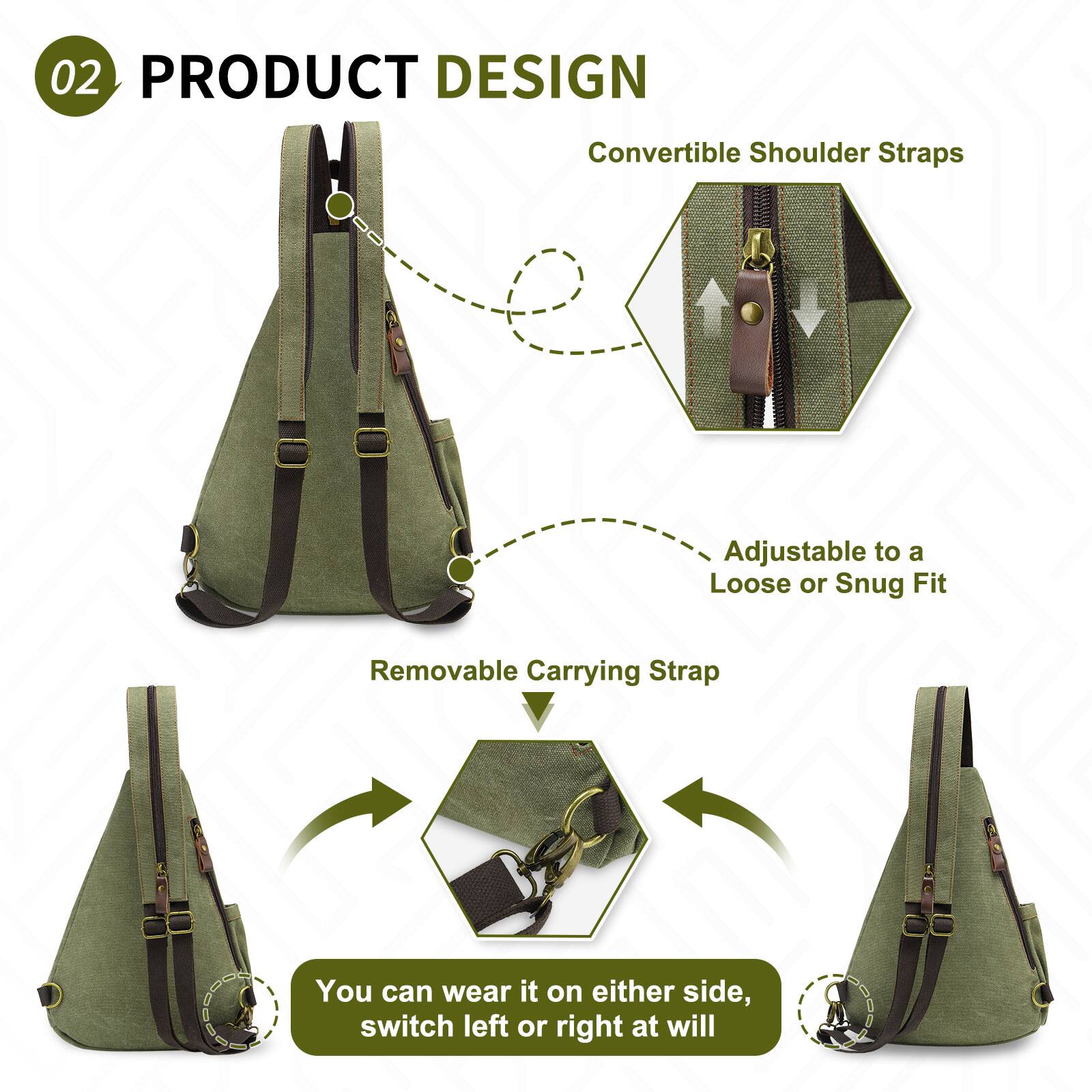 02 PRODUCT DESIGN

Convertible Shoulder Straps  
- Adjustable to a Loose or Snug Fit

Removable Carrying Strap

You can wear it on either side, switch left or right at will