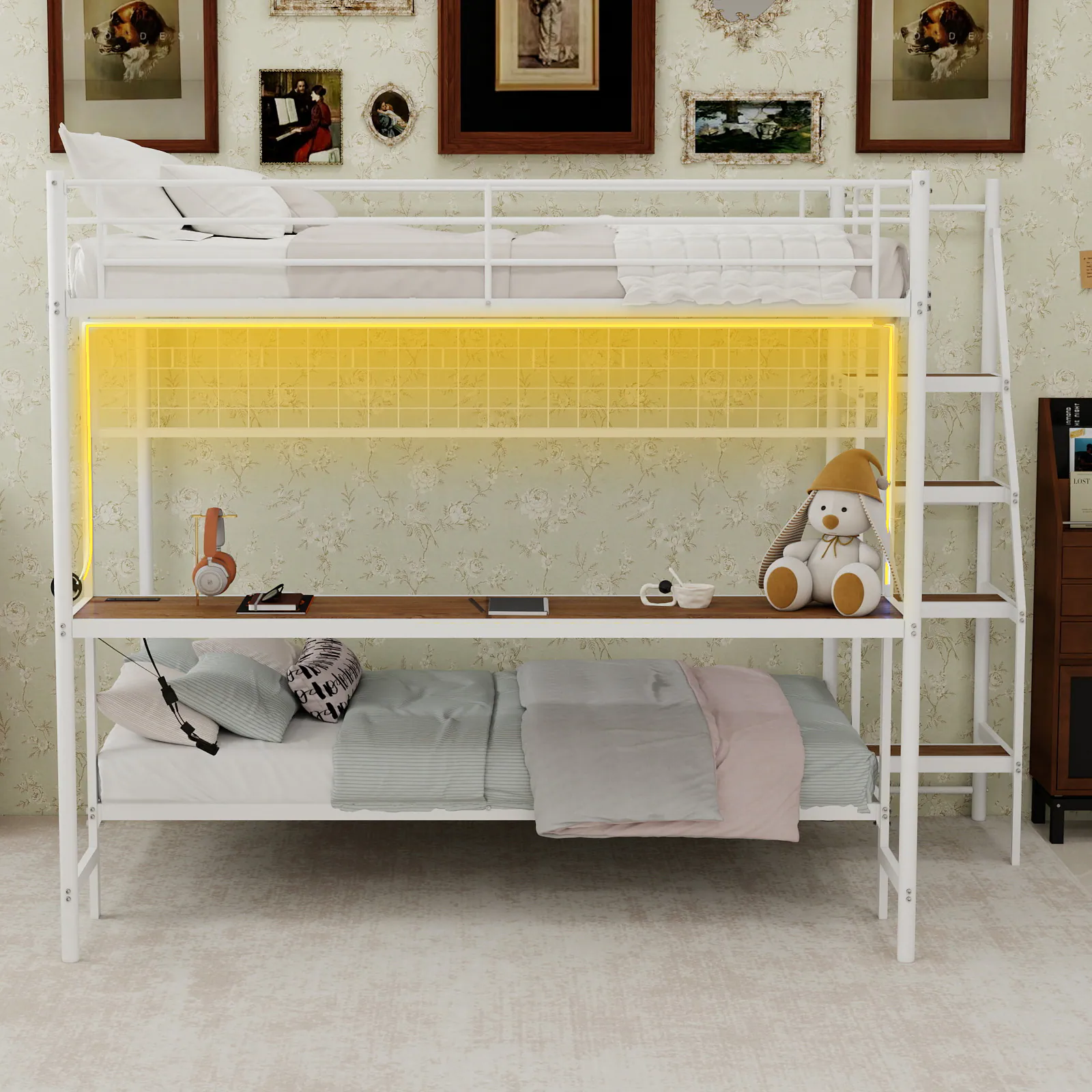 Left. Loheer - Loheer White Metal Bunk Bed with Desk Full Over Twin Space Saving Loft Bed with LED Lights for Teens - Ancient White.