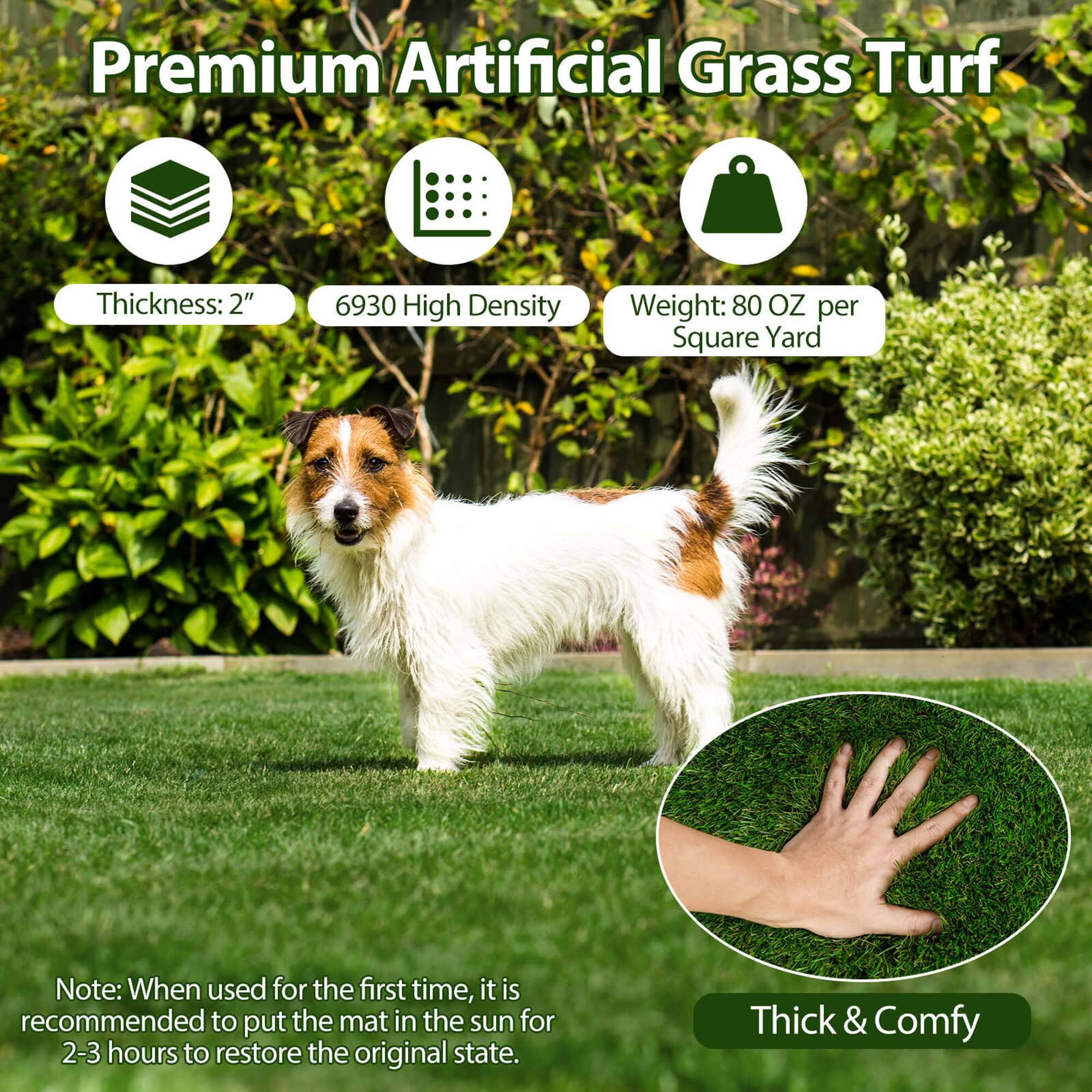 Premium Artificial Grass Turf

- Thickness: 2"
- 6930 High Density
- Weight: 80 OZ per Square Yard

Note: When used for the first time, it is recommended to put the mat in the sun for 2-3 hours to restore the original state.

Thick & Comfy