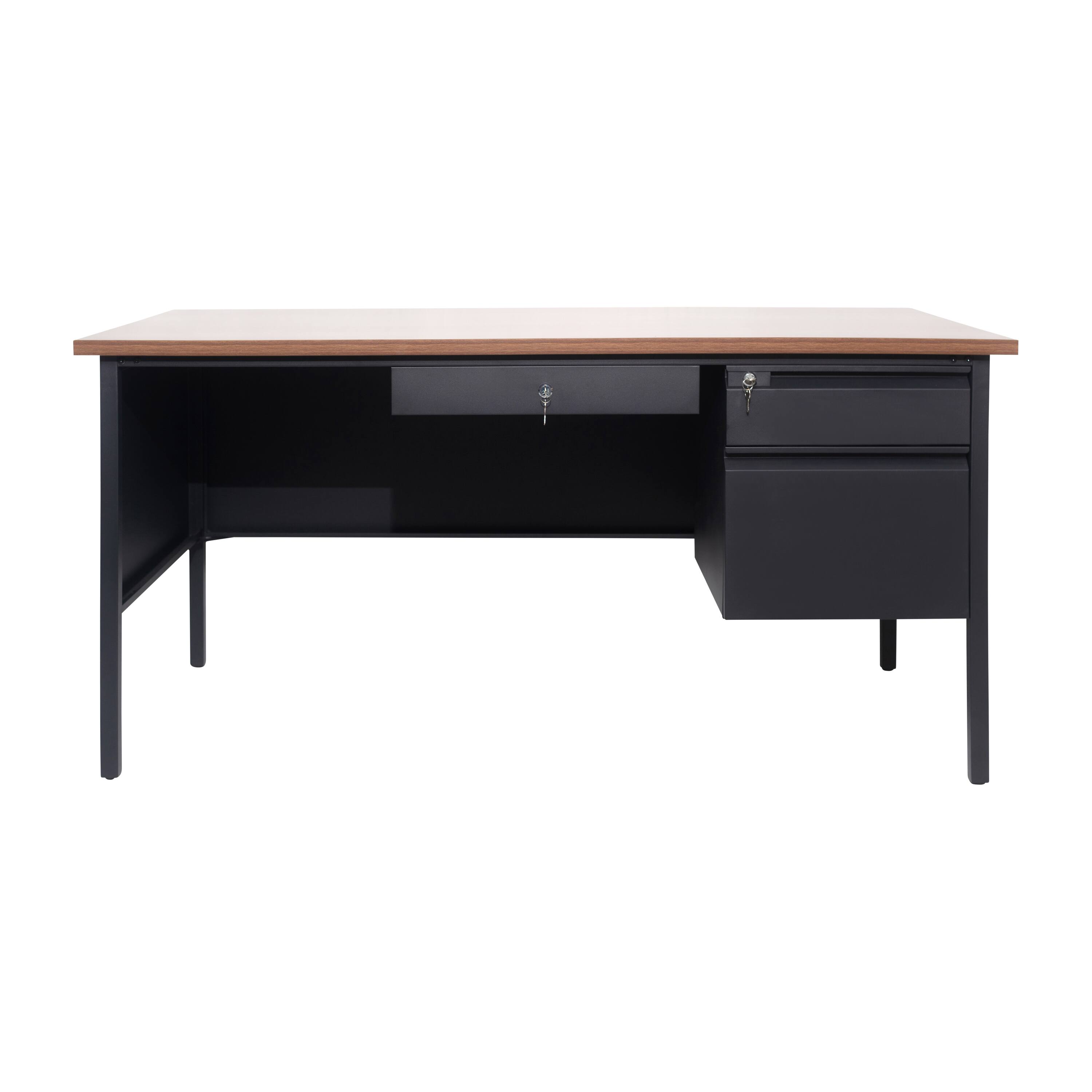Angle. Flash Furniture - Cambridge Commercial Grade 30x60 Right Side Single Pedestal Desk with 3 Locking Drawers, Walnut Top and Black Frame - Brown.