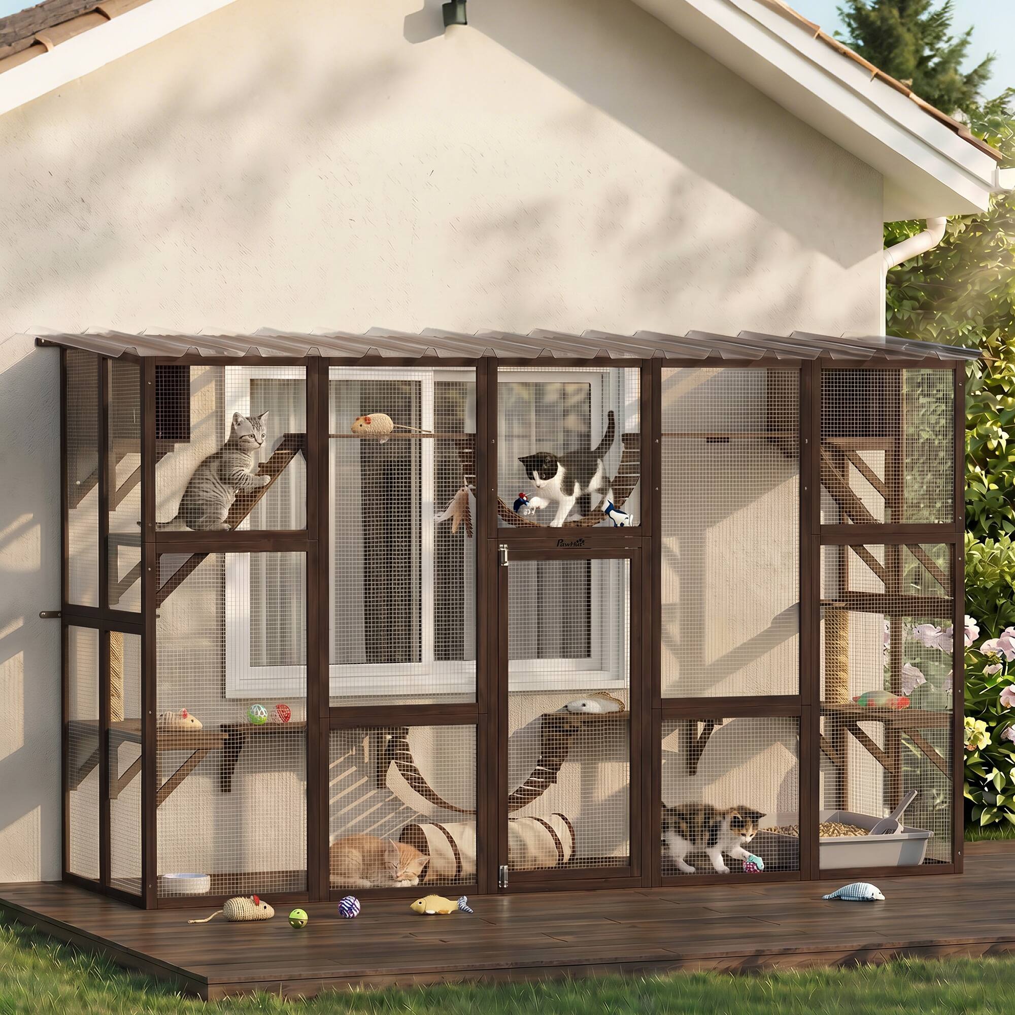 Alt View 1. Pawhut - Playground Cat Window Box Outside Enclosure for Multiple Cats w/ Shelves & Bridges - Coffee Brown.