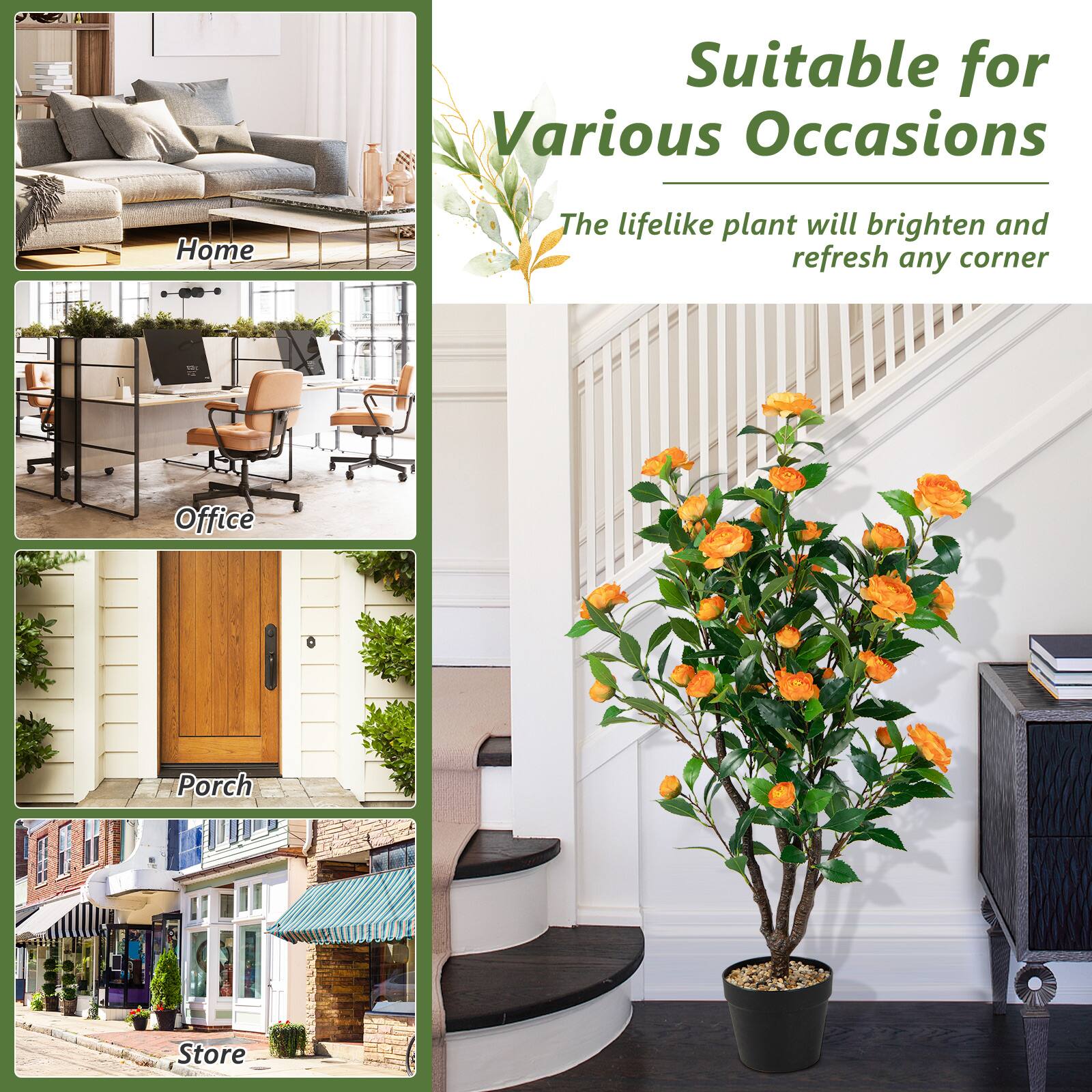Suitable for Various Occasions

Home  
The lifelike plant will brighten and refresh any corner

Office  
Porch  
Store