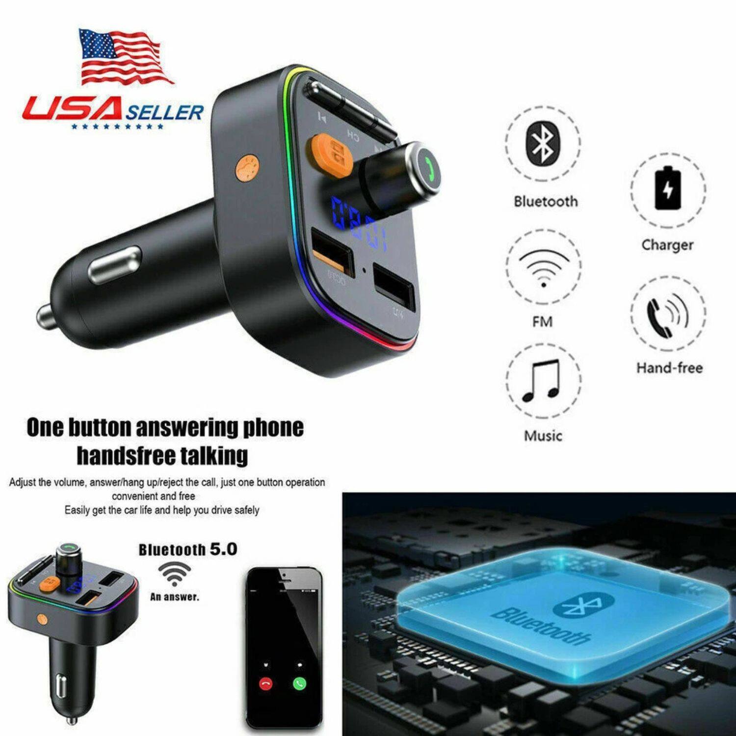 USA SELLER

One button answering phone handsfree talking

Adjust the volume, answer/hang up/reject the call, just one button operation convenient and free. Easily get the car life and help you drive safely.

Bluetooth 5.0

Bluetooth
Charger
FM
Hand-free
Music

An answer.