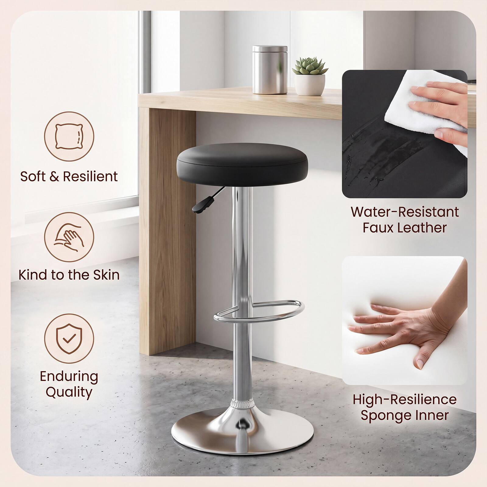 - Soft & Resilient
- Water-Resistant Faux Leather
- Kind to the Skin
- Enduring Quality
- High-Resilience Sponge Inner