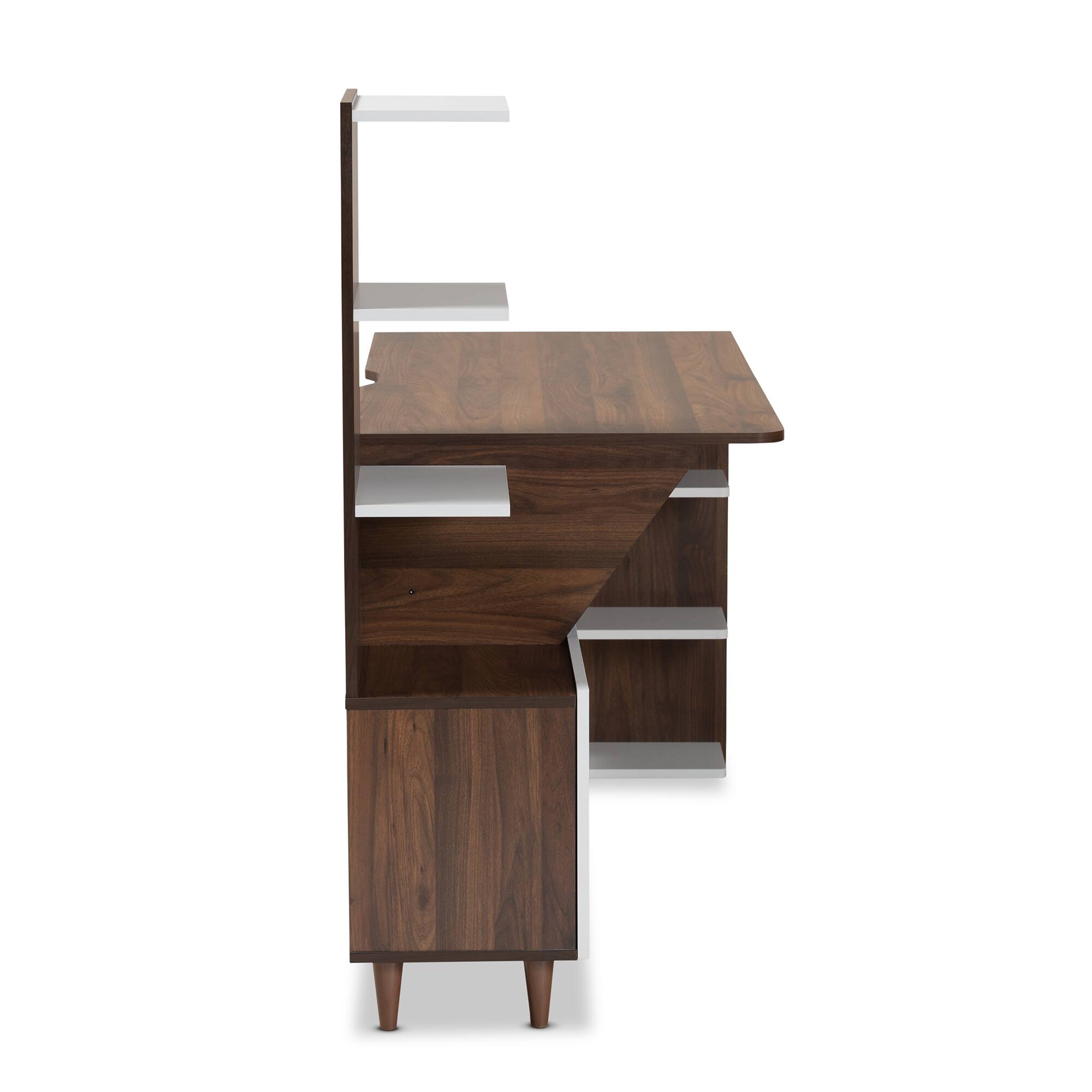 Alt View 1. Baxton Studio - Tobias Mid-Century Modern Finished Wood Storage Computer Desk with Shelves - White/Walnut Brown.