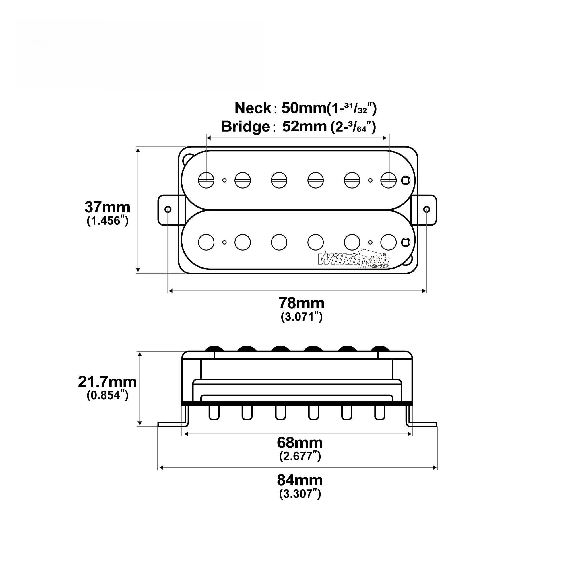 Neck: 50mm (1-31/32")  
Bridge: 52mm (2-3/64")  

37mm (1.456")  
78mm (3.071")  
21.7mm (0.854")  
68mm (2.677")  
84mm (3.307")