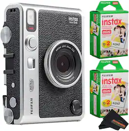 Fujifilm - Instax Mini EVO Instant Camera with Sunshine Photo Microfiber Cleaning Cloth (Camera + 2 Twin Packs, Black)