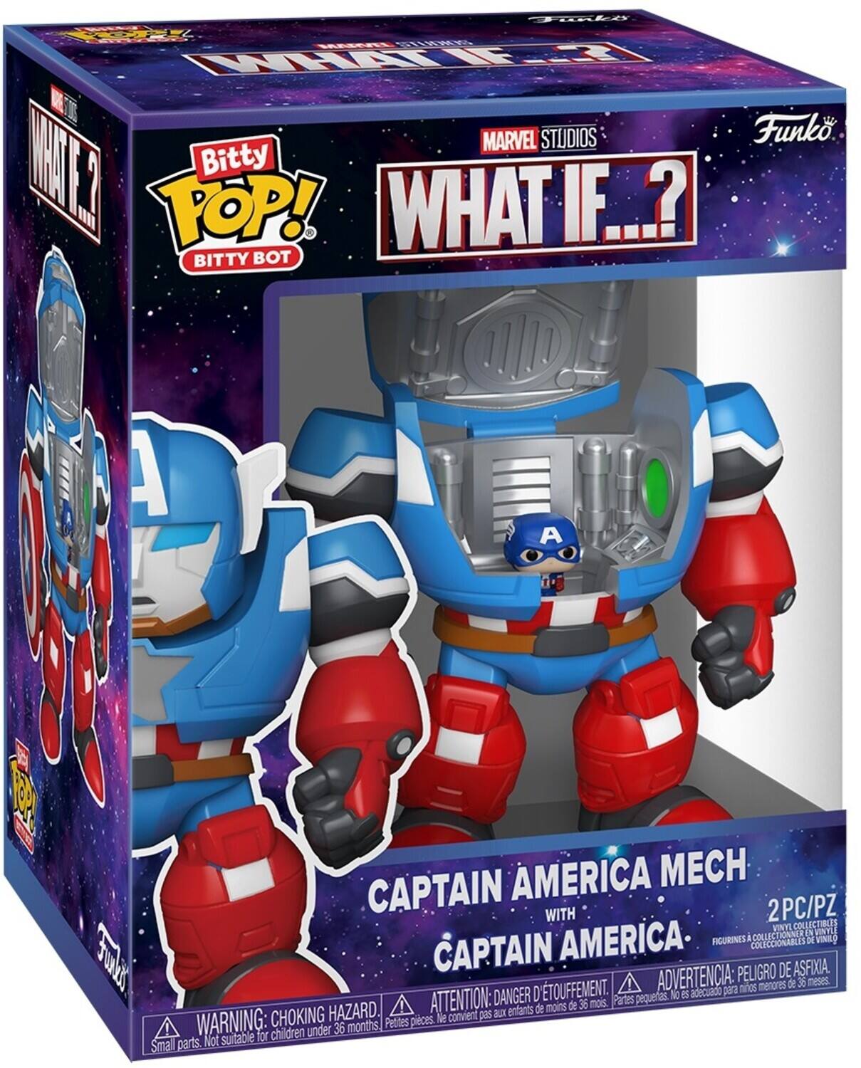 T PREUA iARE FRT KT MARVEL STUDIOS Funko. MKE Bitty POP! WHAT IF.? BITTY BOT A A O AMERICA MECH CAPTAIN WITH 2PC/PZ VINTE COLLECTIBLES ONNER EN VINTEE AMERICA. FIGURINES I COLLES DE VINILO COLECCIONABLES cluut CAPTAIN PELIGRO DE ASFIXIA TOUFFEMENT. ADVERTENCIA: adecuado para menores de 36 meses. ATTENTION: DANGER D Partes pequeas. Nc 5 ! de moins de 36 mois. CHOKING HAZARD convient pas Bu enfants WARNING: Petites pieces. Ne children under 36 months Not suitable for Small parts.