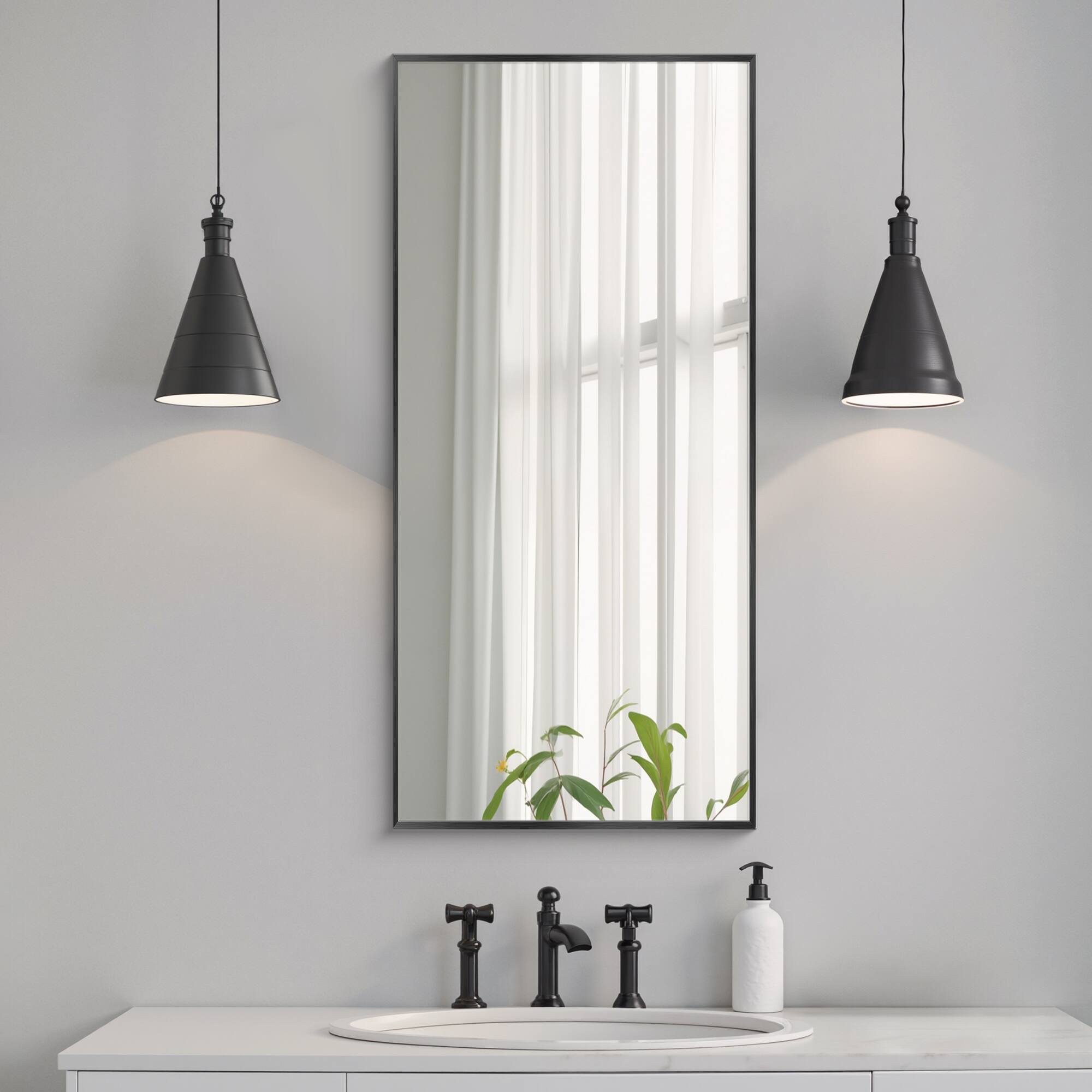 Front. Lirago - 47" x 22" Rectangle Hanging Bathroom Mirror with Black Scratch-Resistant Aluminum Alloy Frame - Black.