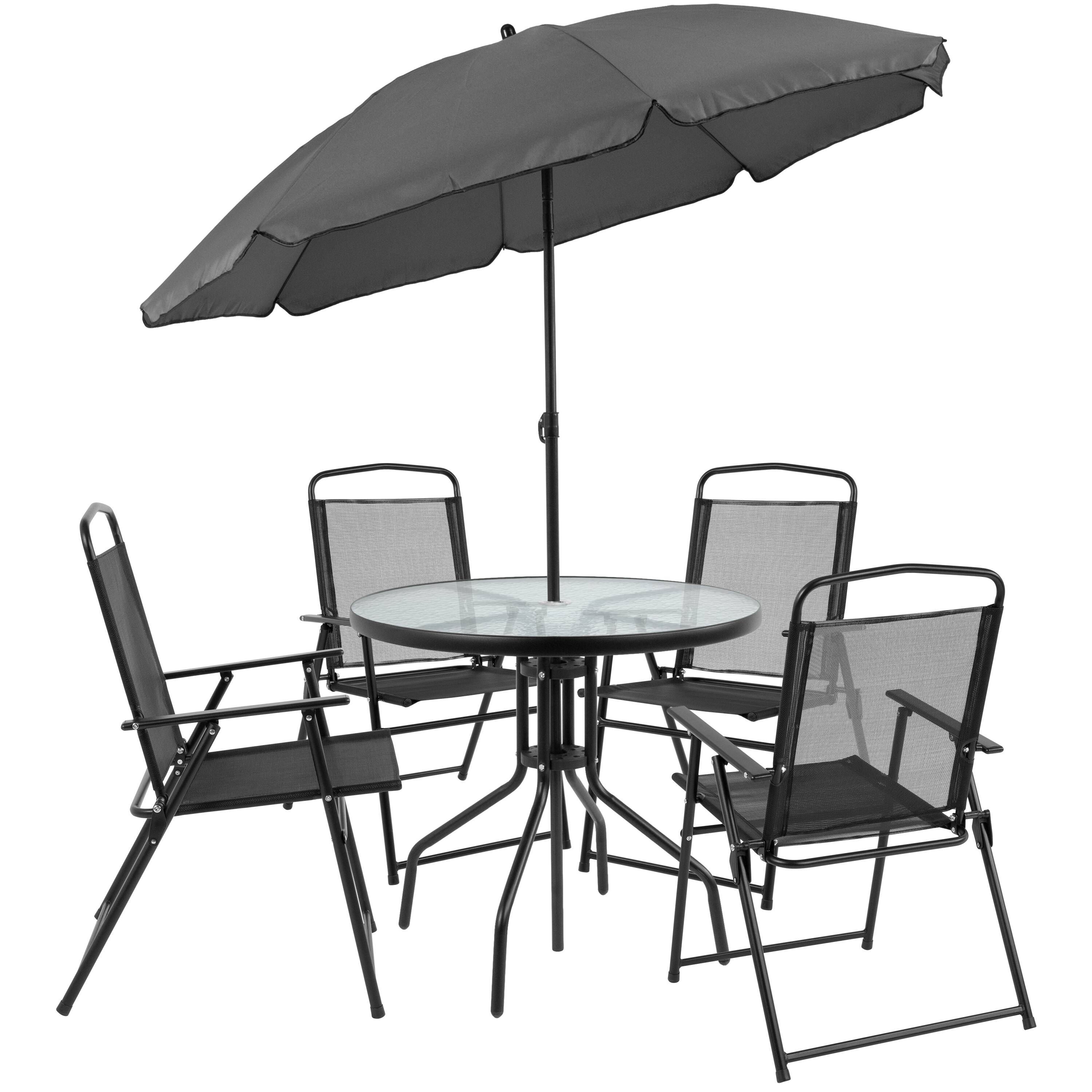 Alt View 8. Emma + Oliver - 6 Piece Patio Garden Set with Table, Umbrella and 4 Folding Chairs - Black.
