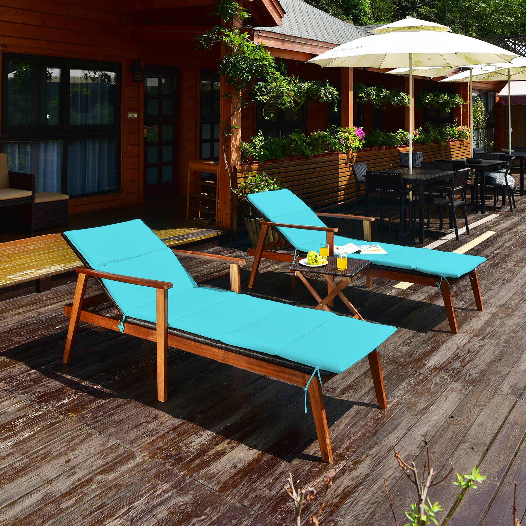 Alt View 8. Costway - Costway 3PCS Patio Rattan Lounge Chair Folding Table Set Chaise Wood Cushioned - Turquoise.